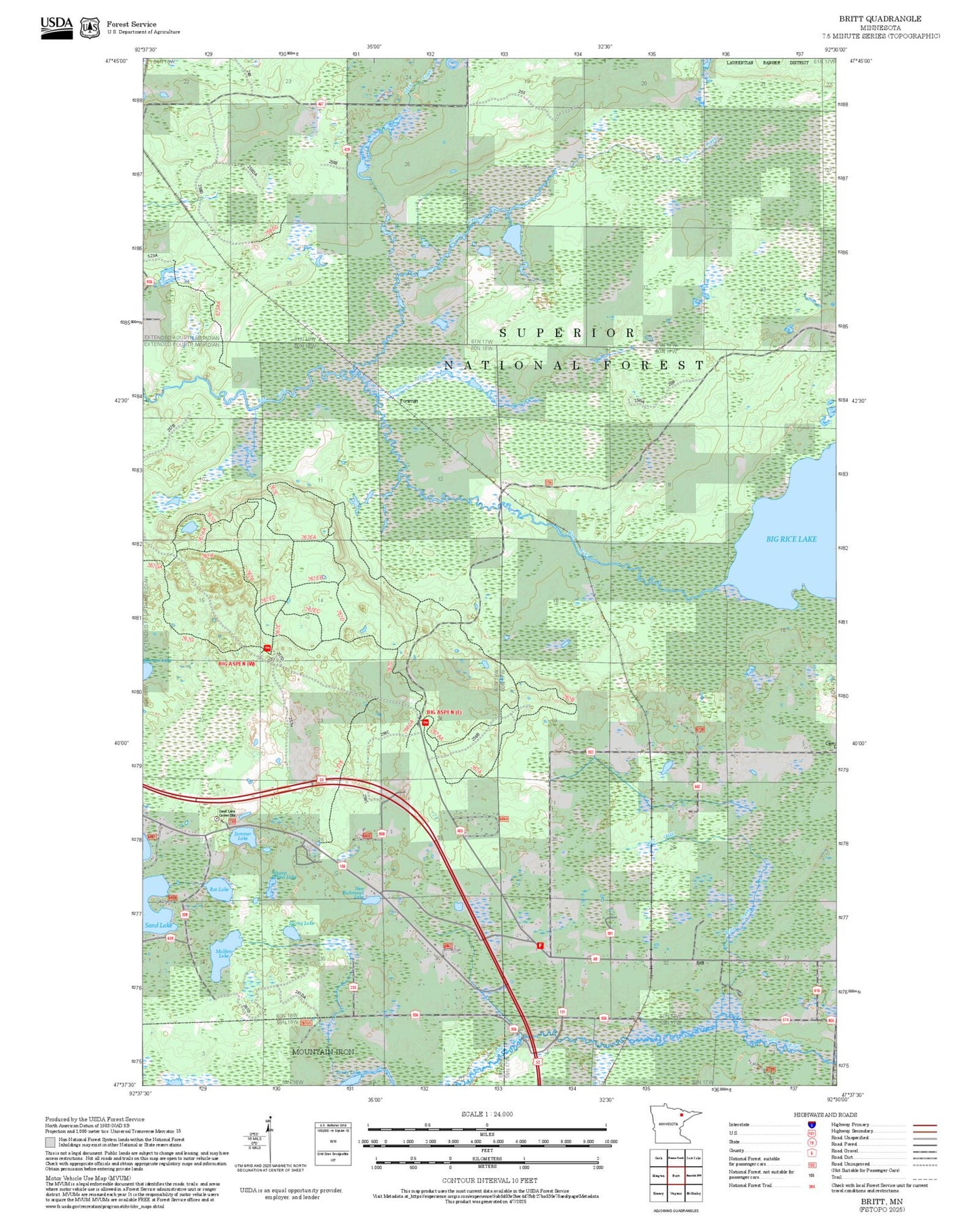 2025 Forest Service Topo Map of Britt Minnesota