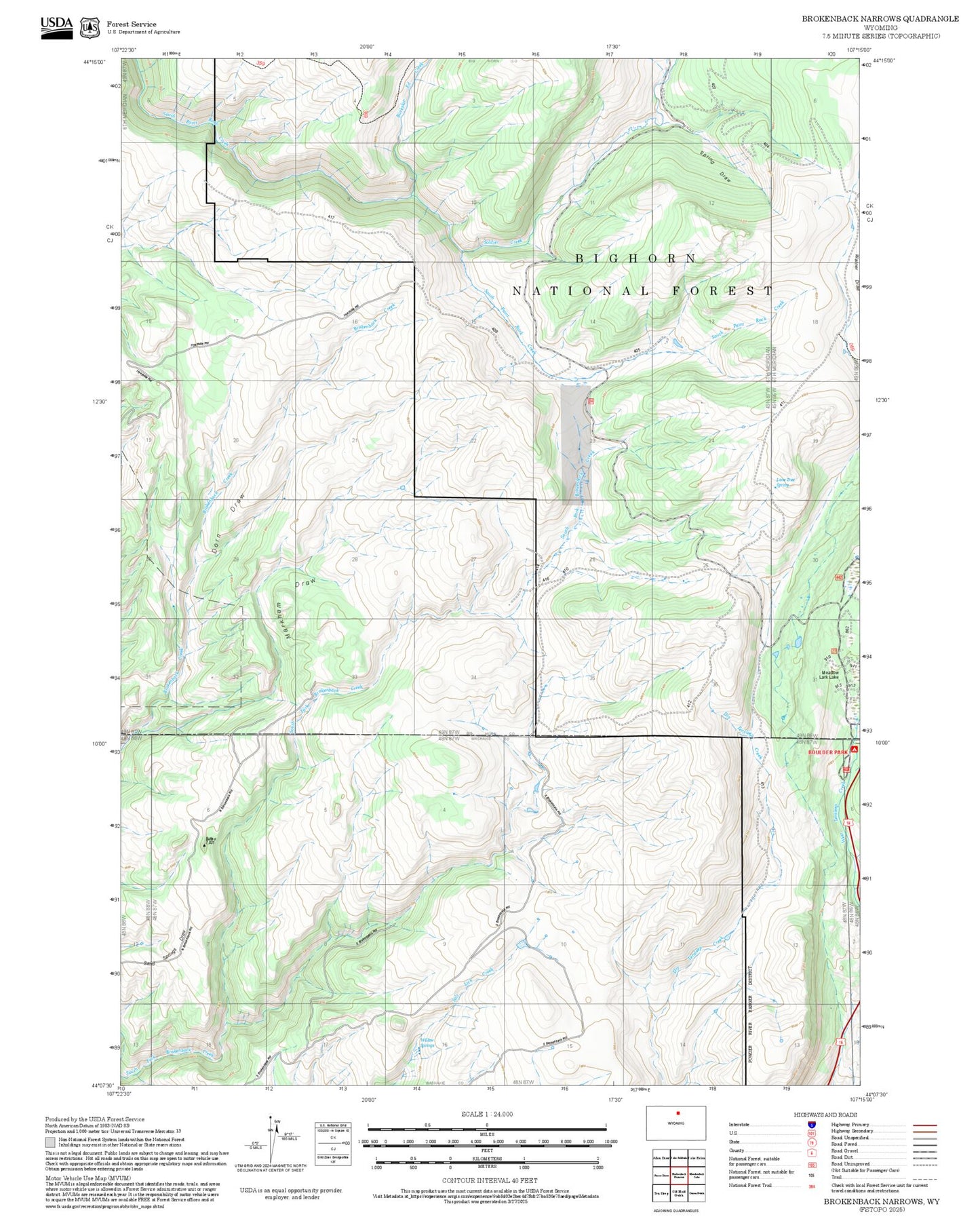 2025 Forest Service Topo Map of Brokenback Narrows Wyoming