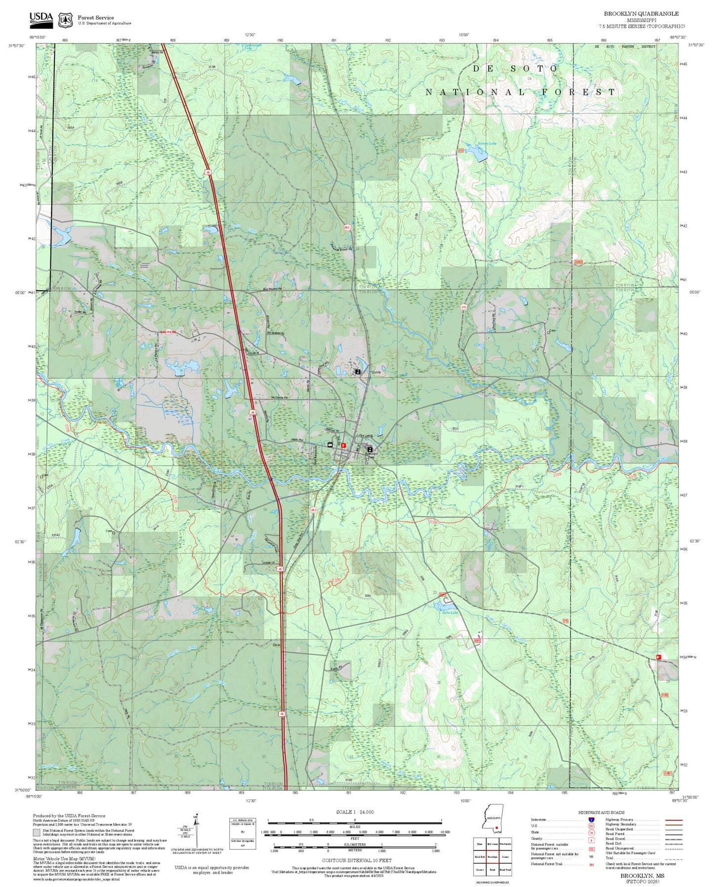 2025 Forest Service Topo Map of Brooklyn Mississippi