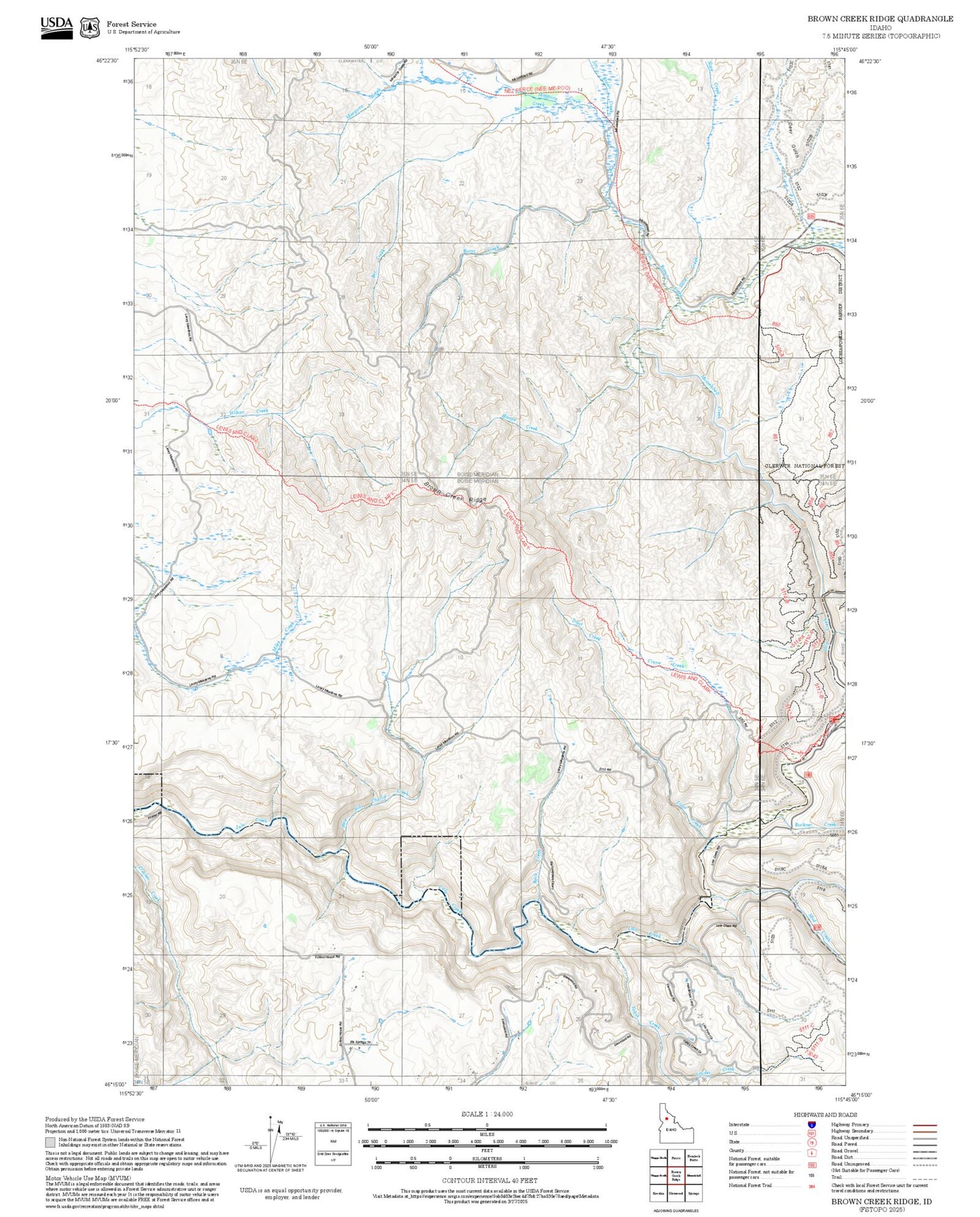 2025 Forest Service Topo Map of Brown Creek Ridge Idaho