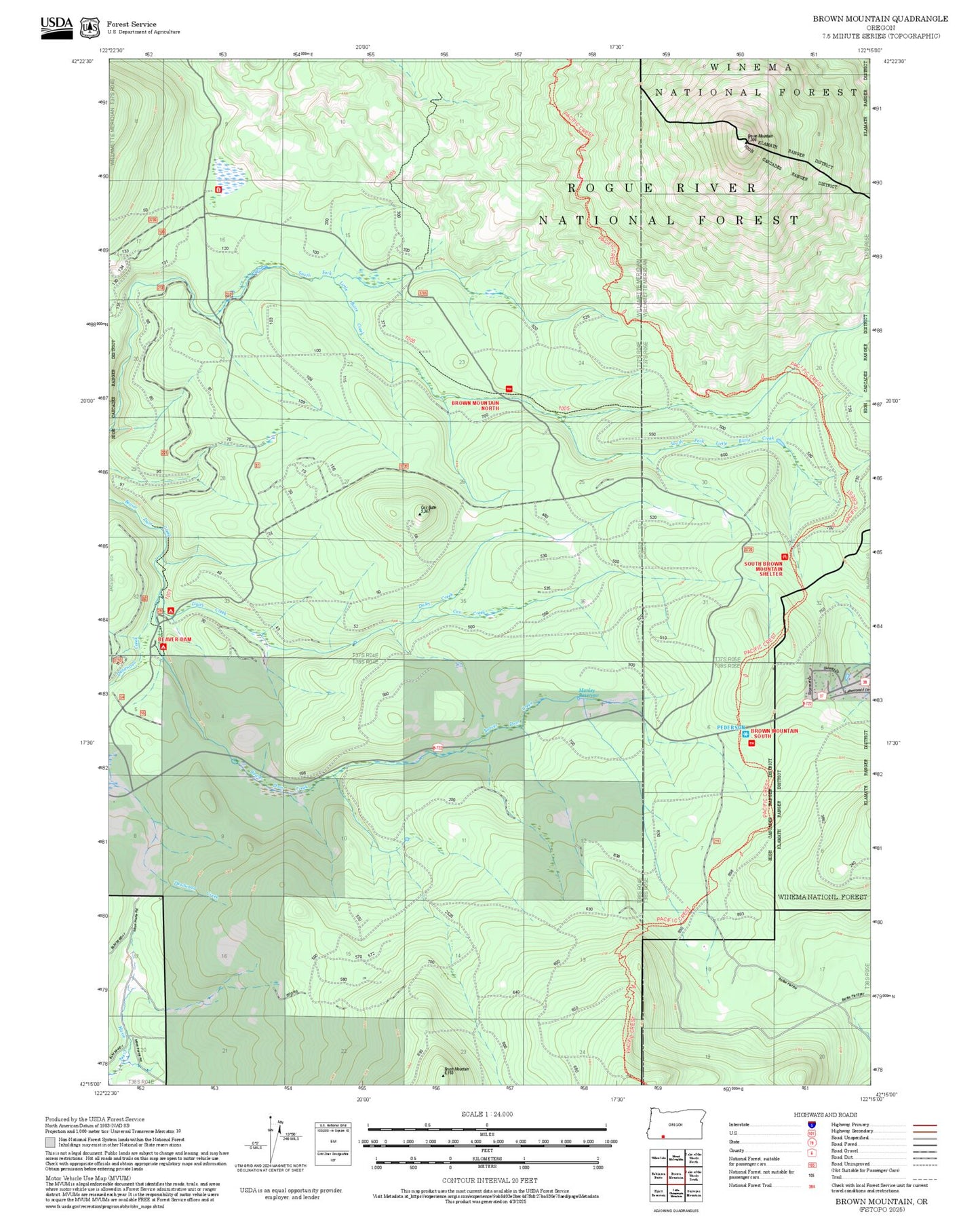 2025 Forest Service Topo Map of Brown Mountain Oregon