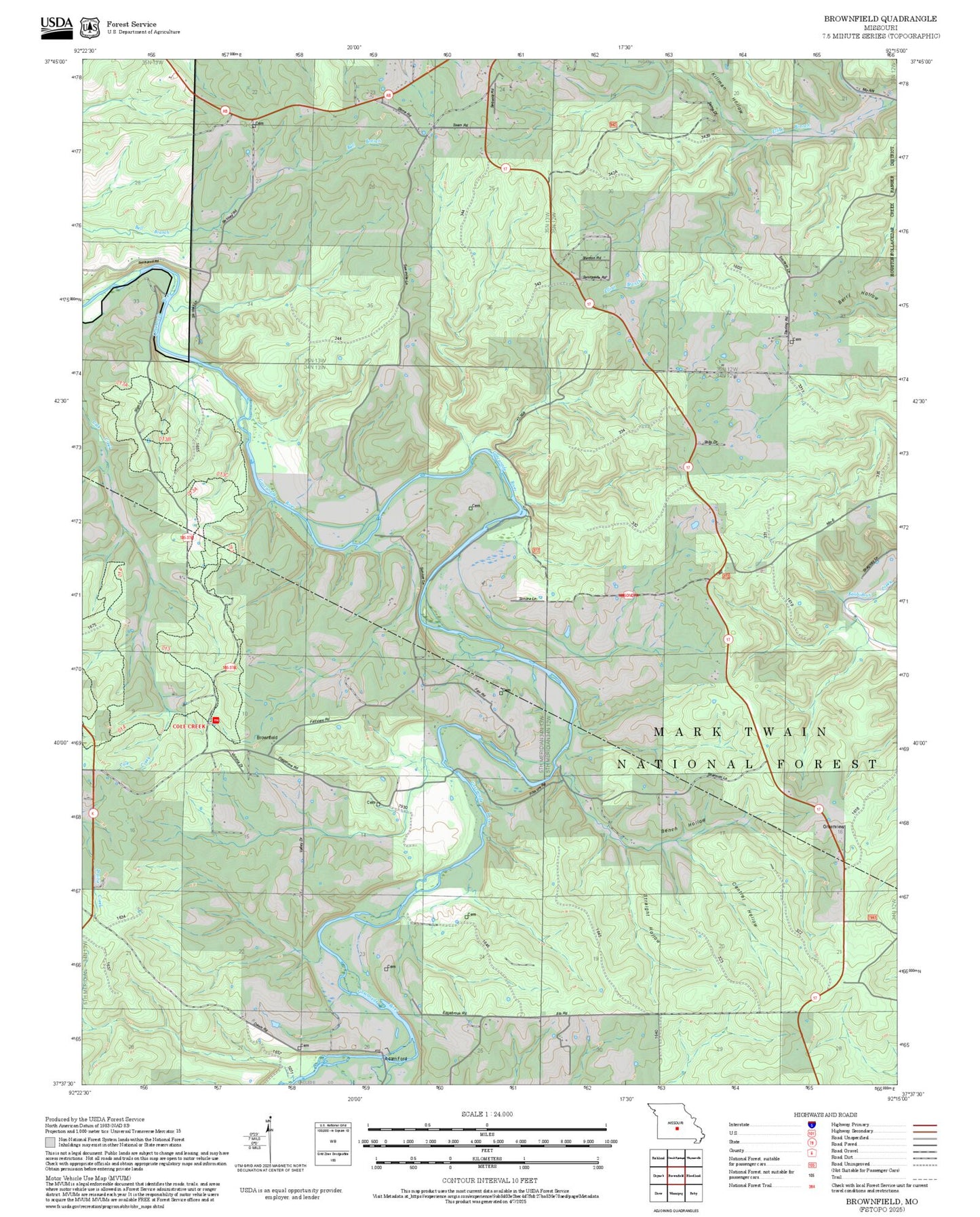 2025 Forest Service Topo Map of Brownfield Missouri