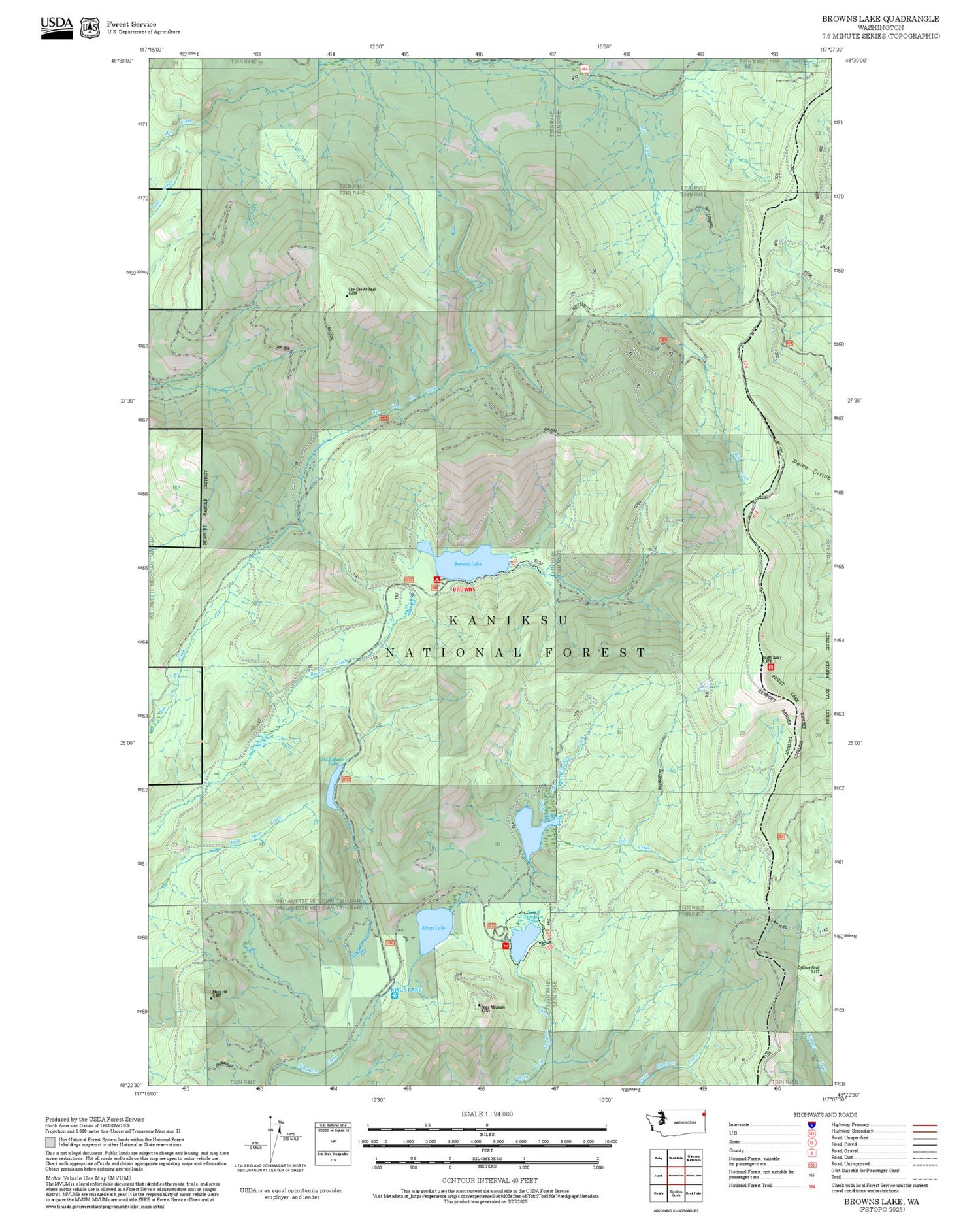 2025 Forest Service Topo Map of Browns Lake Washington