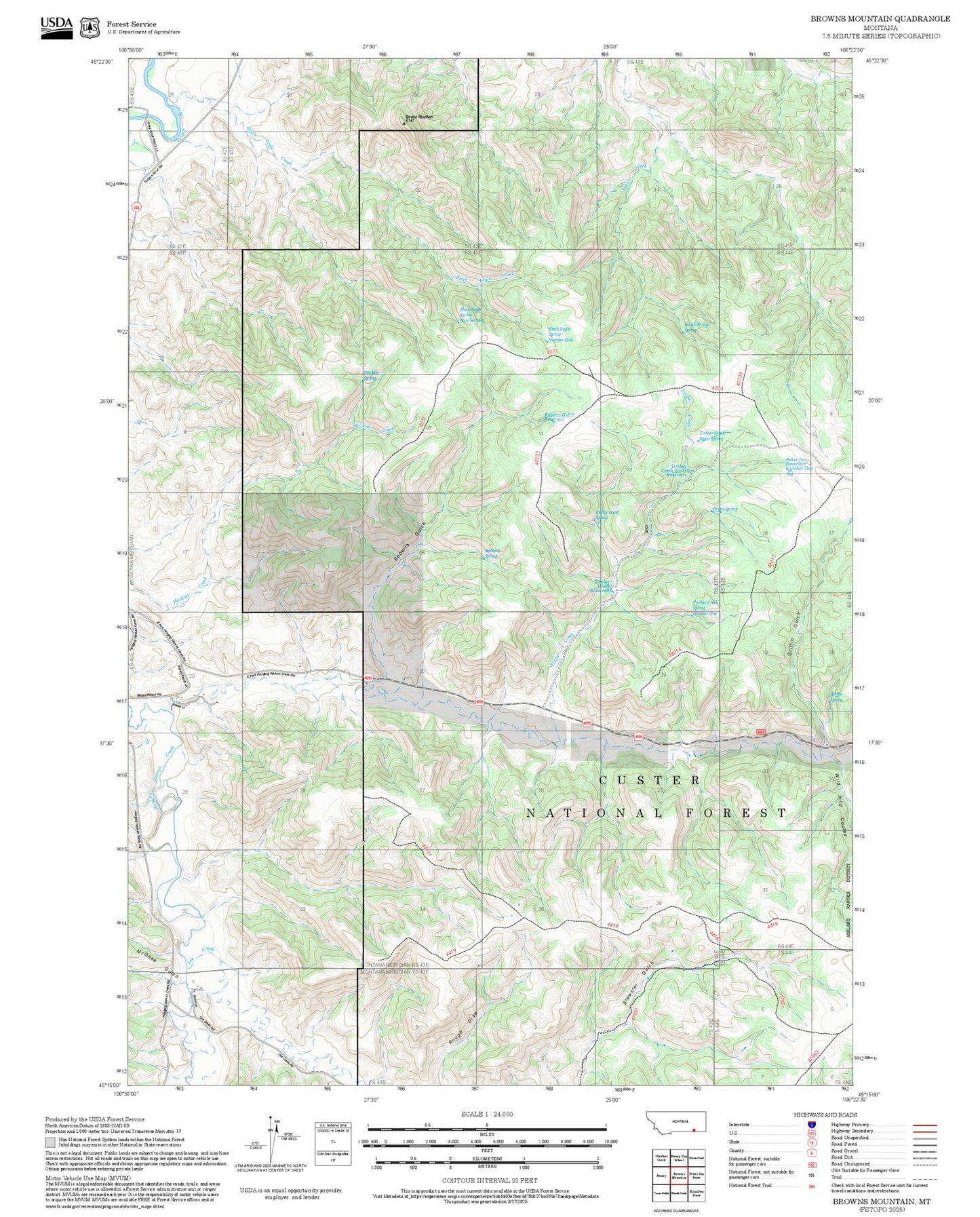 2025 Forest Service Topo Map of Browns Mountain Montana