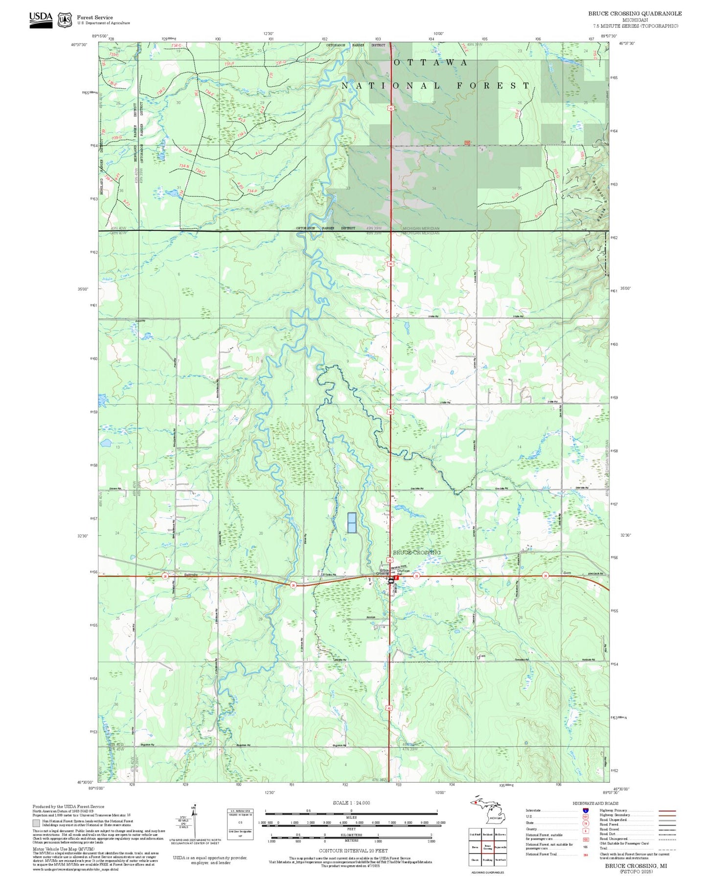 2025 Forest Service Topo Map of Bruce Crossing Michigan