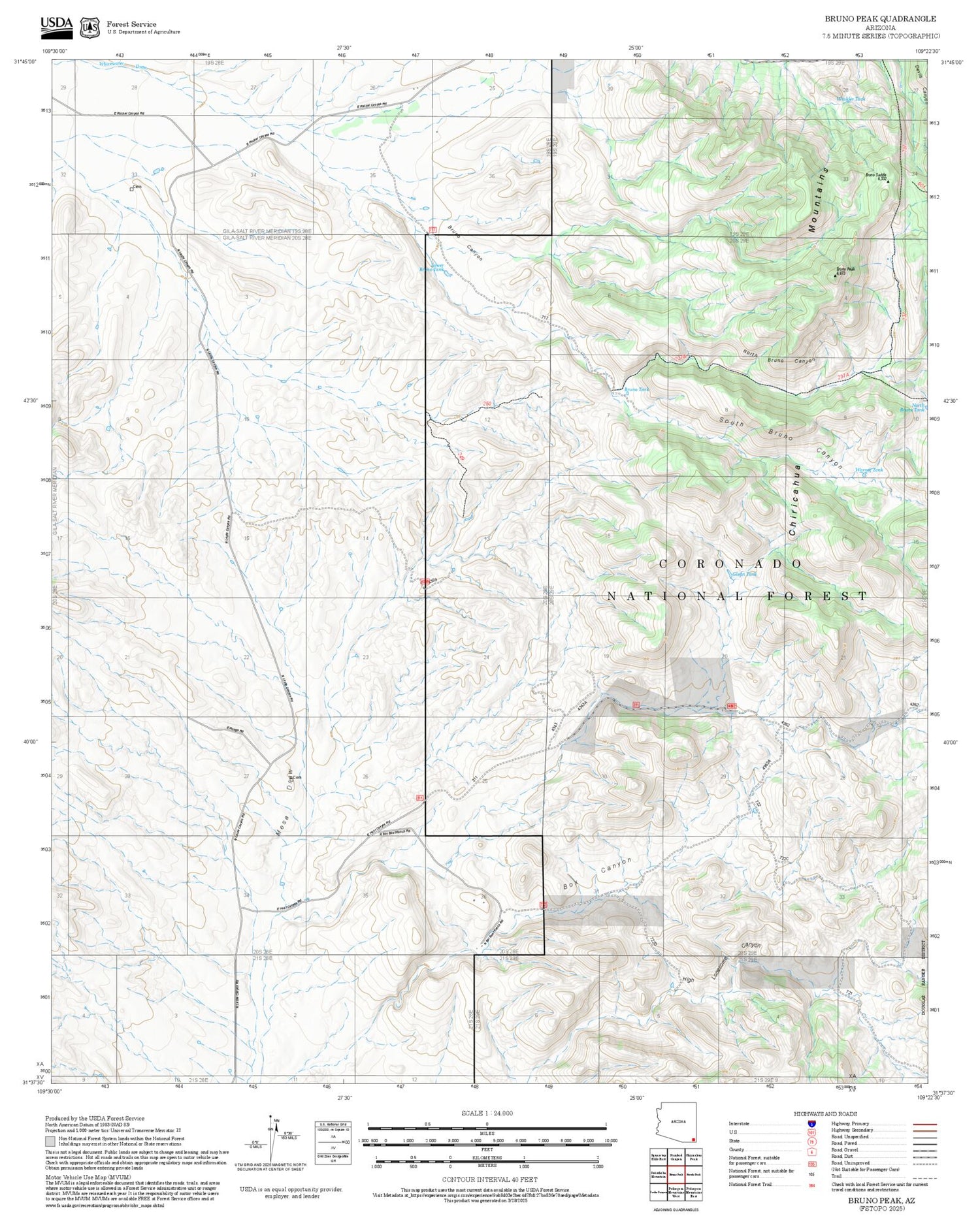 2025 Forest Service Topo Map of Bruno Peak Arizona