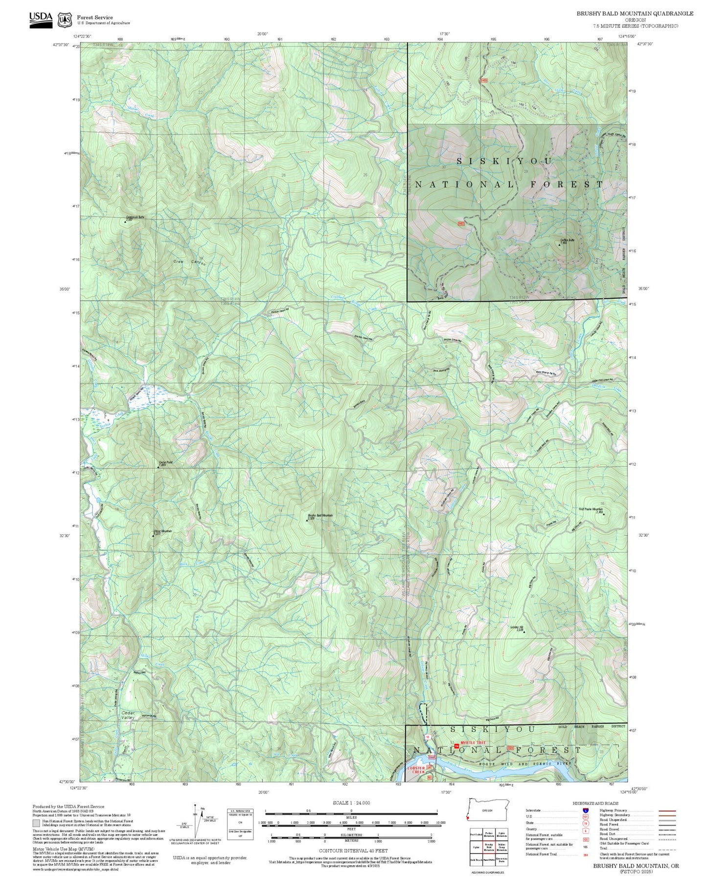 2025 Forest Service Topo Map of Brushy Bald Mountain Oregon