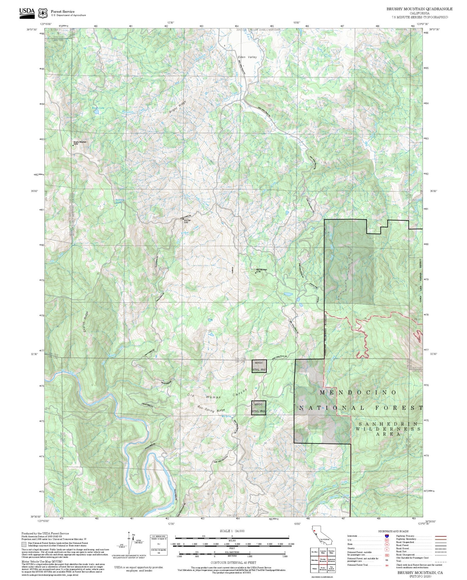 2025 Forest Service Topo Map of Brushy Mountain California