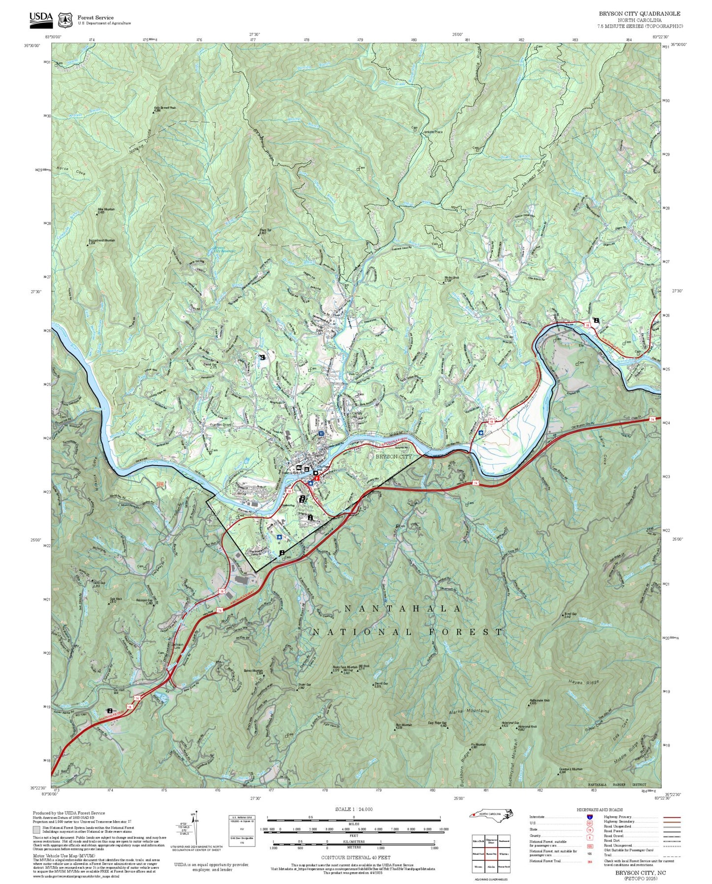 2025 Forest Service Topo Map of Bryson City North Carolina