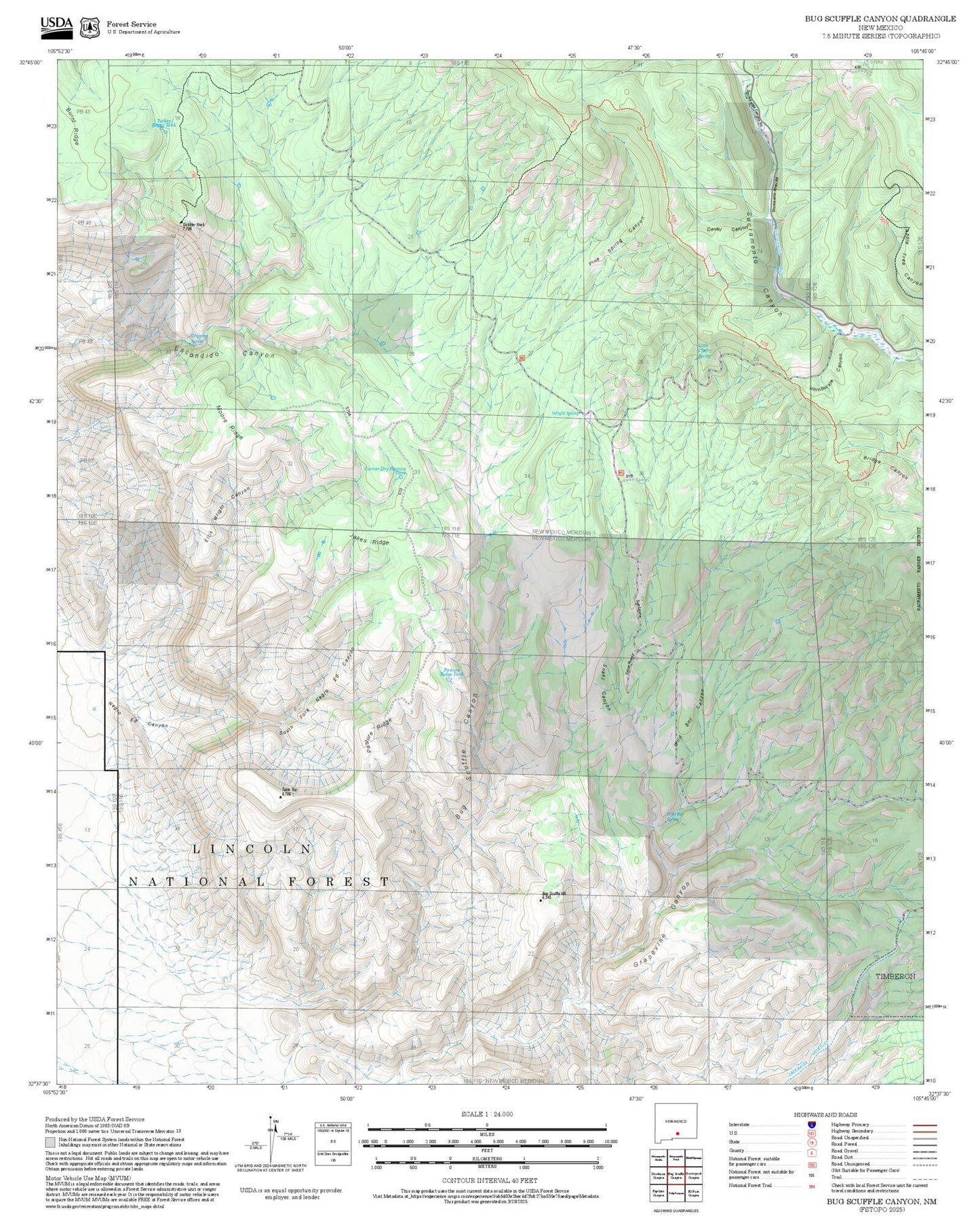 2025 Forest Service Topo Map of Bug Scuffle Canyon New Mexico