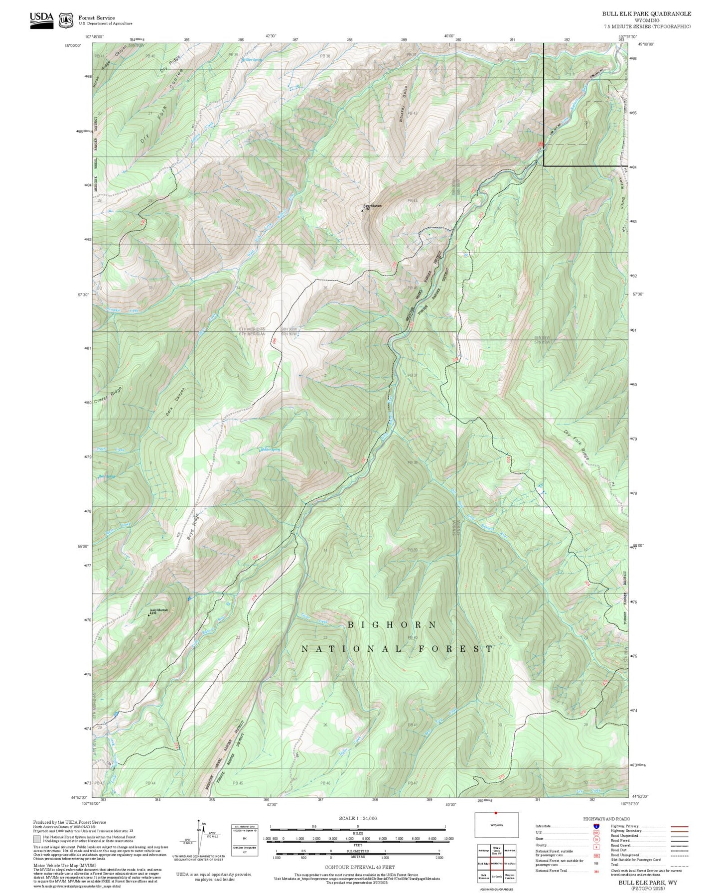 2025 Forest Service Topo Map of Bull Elk Park Wyoming