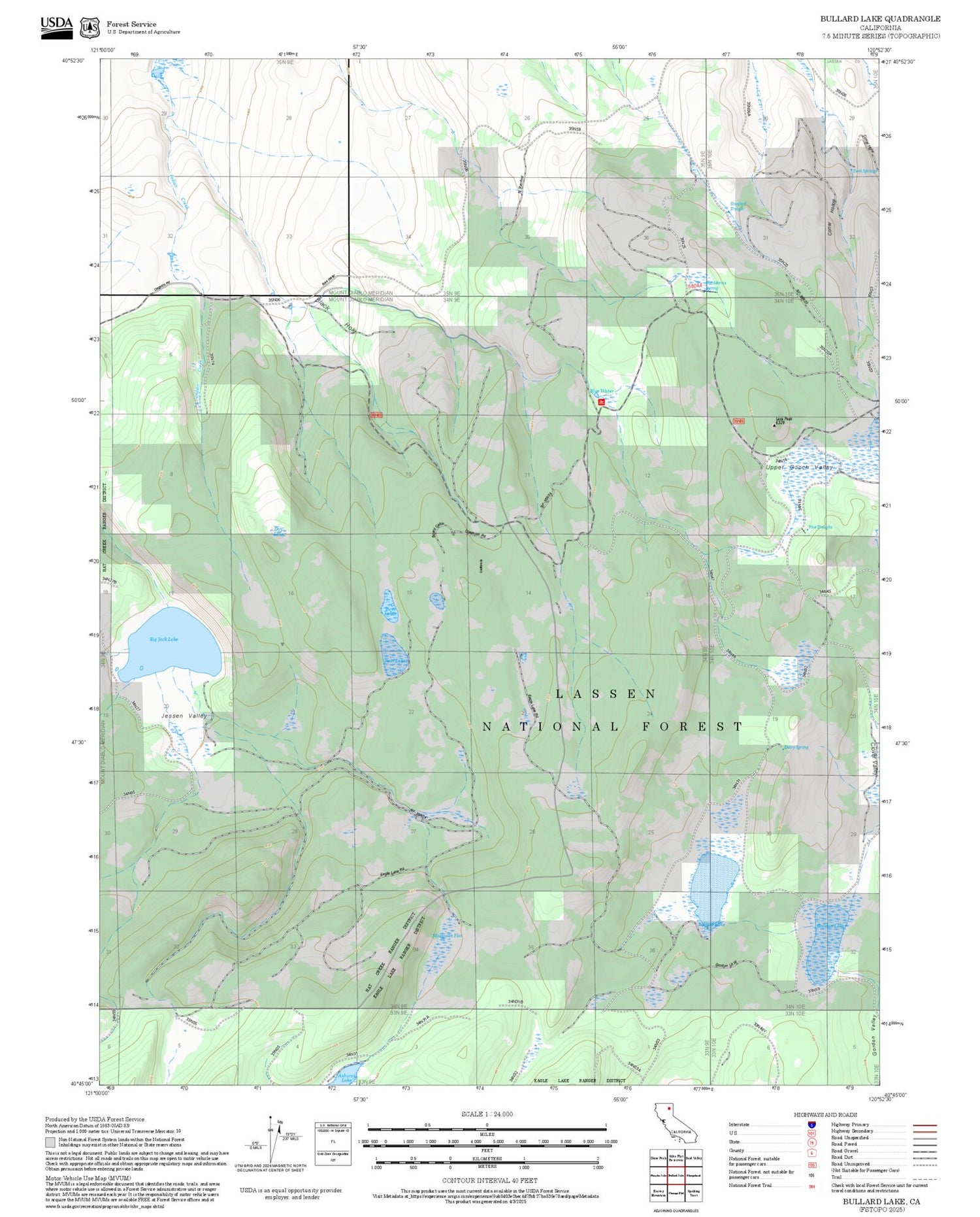 2025 Forest Service Topo Map of Bullard Lake California