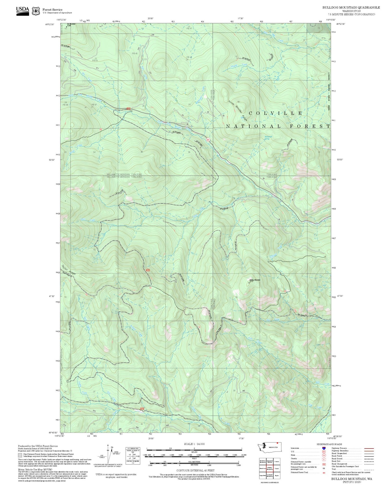 2025 Forest Service Topo Map of Bulldog Mountain Washington
