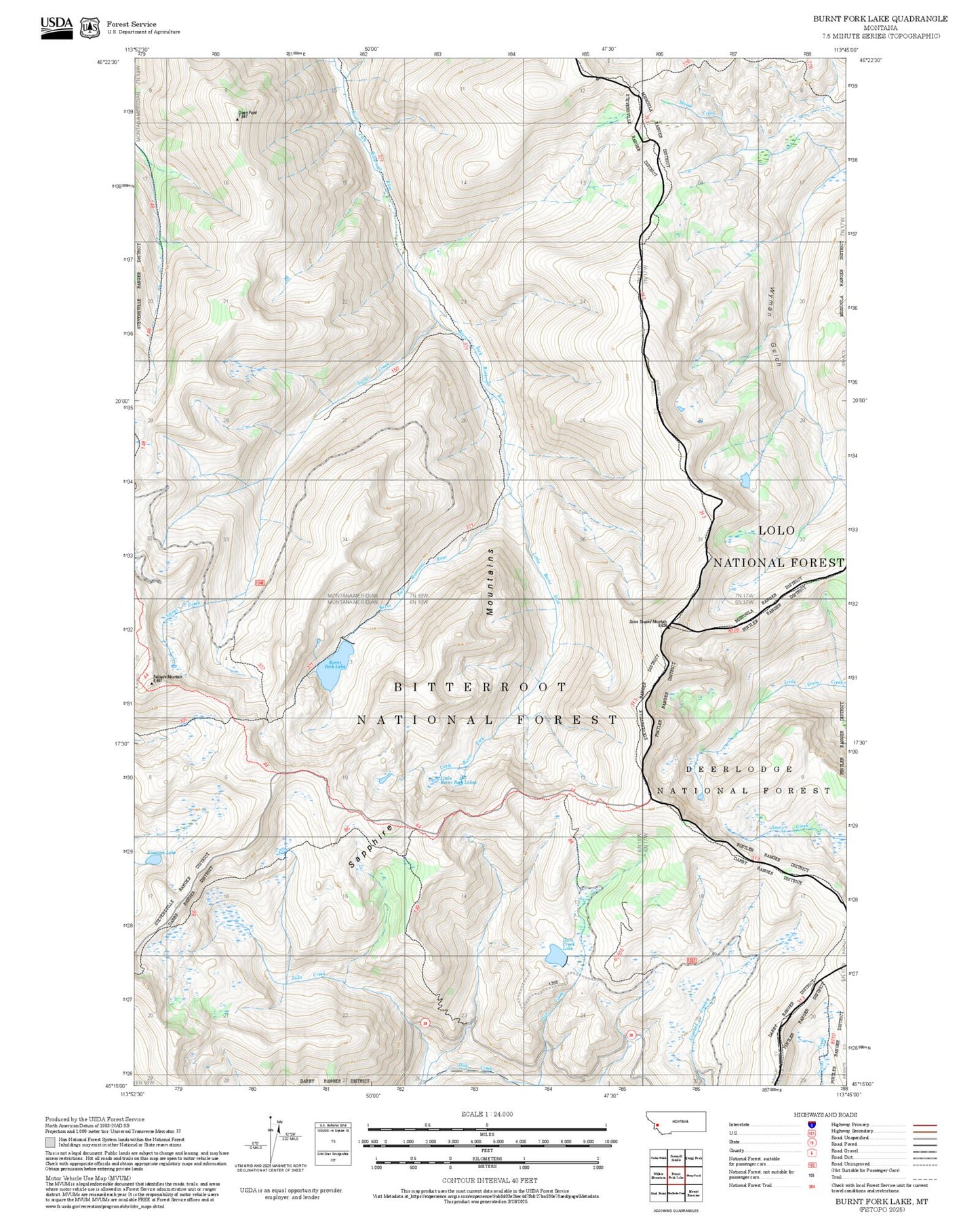 2025 Forest Service Topo Map of Burnt Fork Lake Montana
