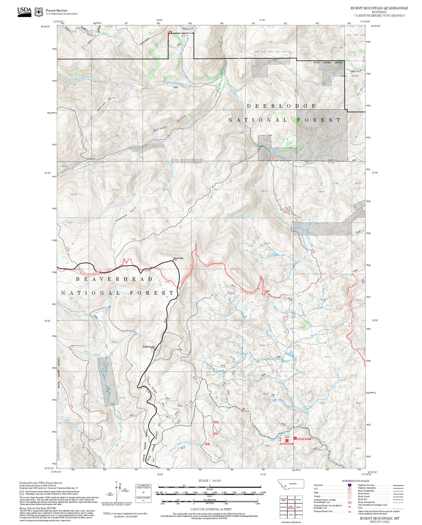 2025 Forest Service Topo Map of Burnt Mountain Montana