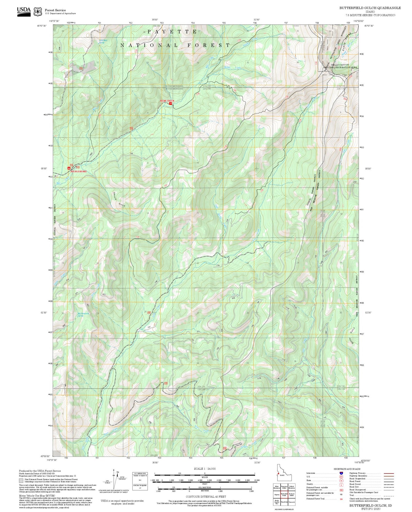 2025 Forest Service Topo Map of Butterfield Gulch Idaho