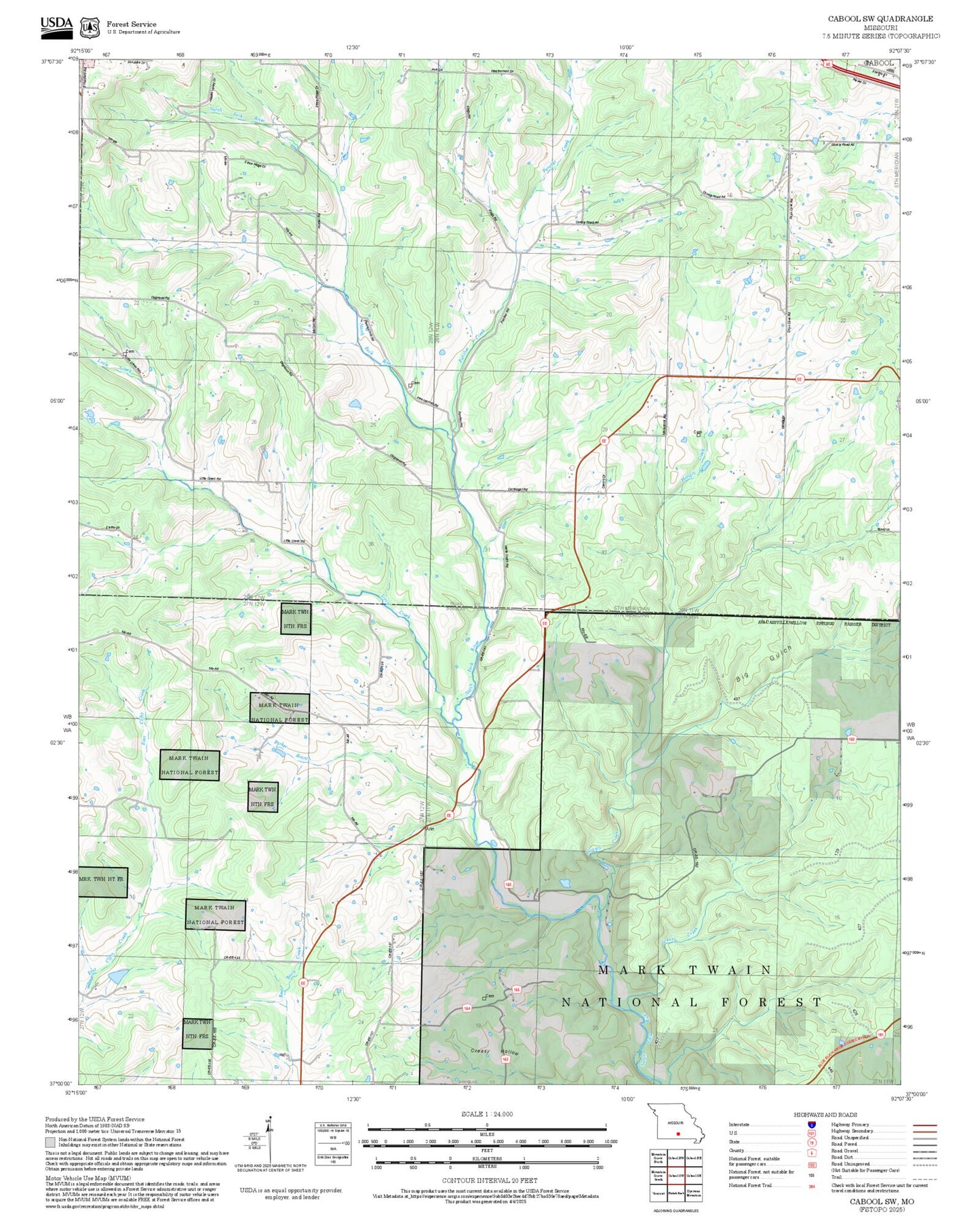 2025 Forest Service Topo Map of Cabool SW Missouri