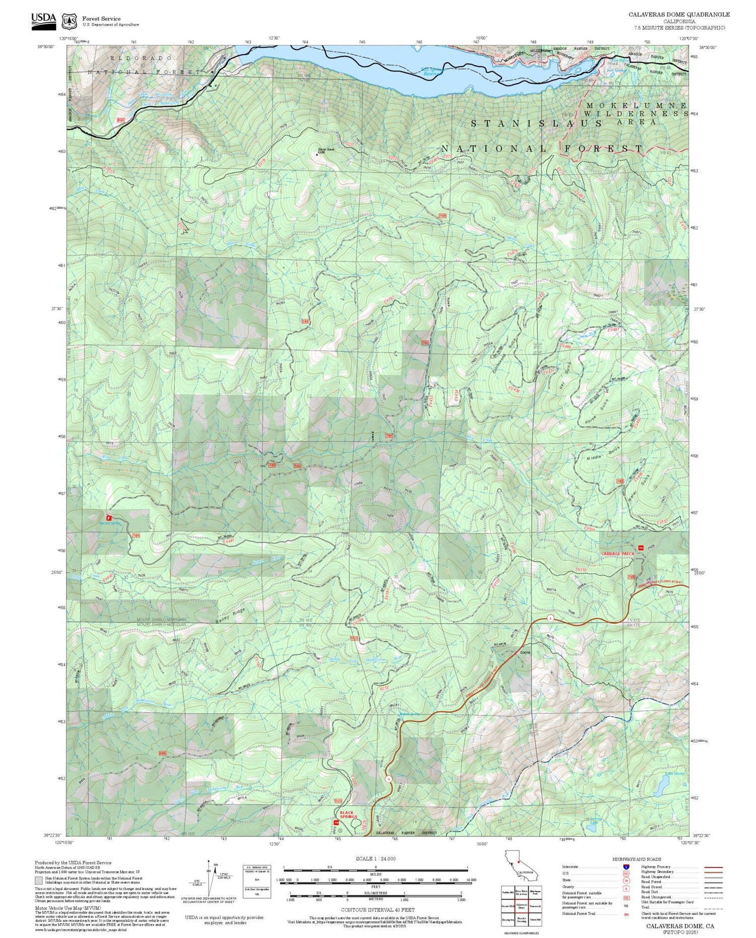 2025 Forest Service Topo Map of Calaveras Dome California
