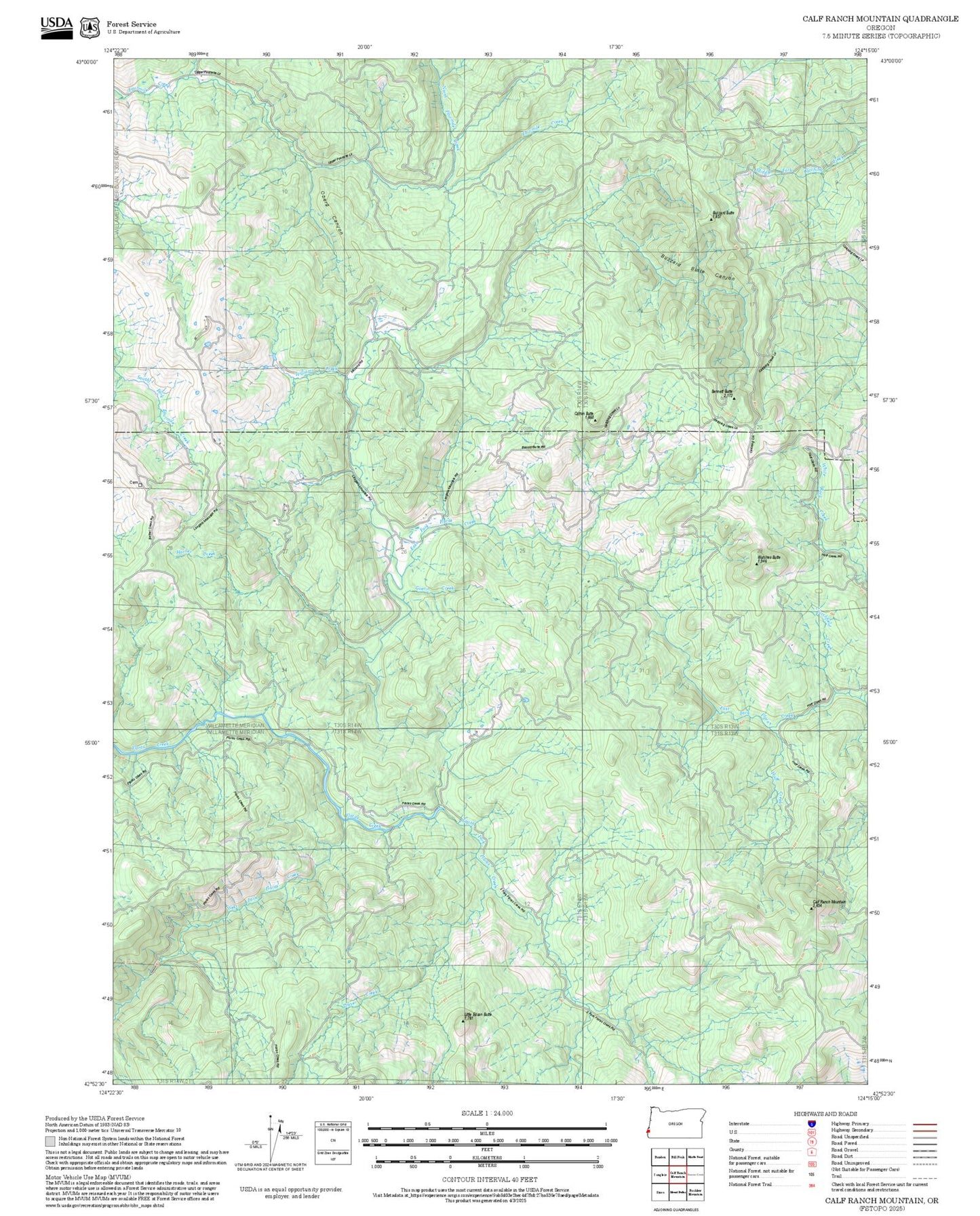 2025 Forest Service Topo Map of Calf Ranch Mountain Oregon