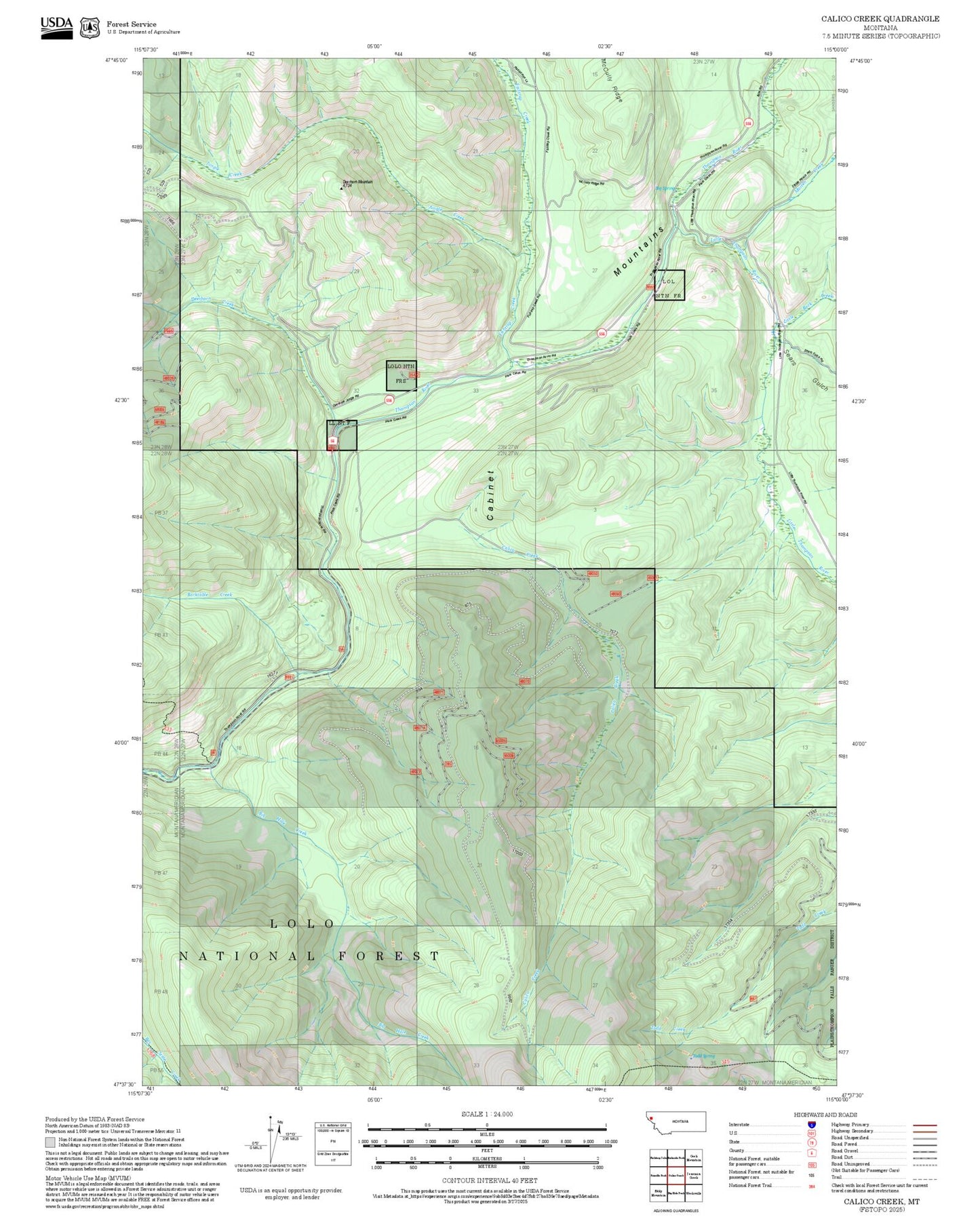 2025 Forest Service Topo Map of Calico Creek Montana