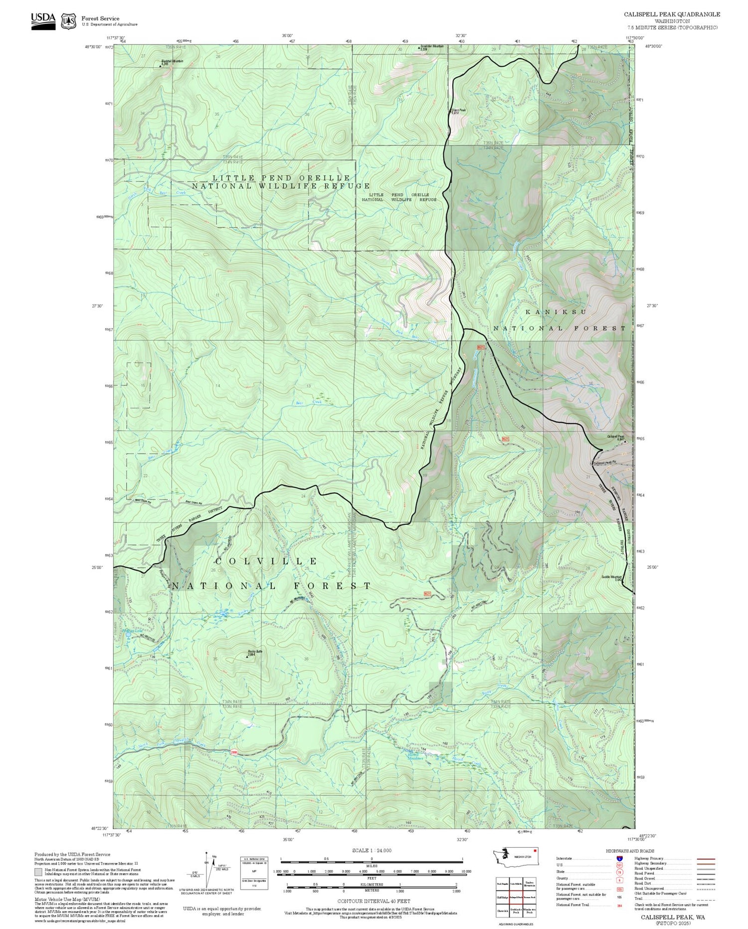 2025 Forest Service Topo Map of Calispell Peak Washington