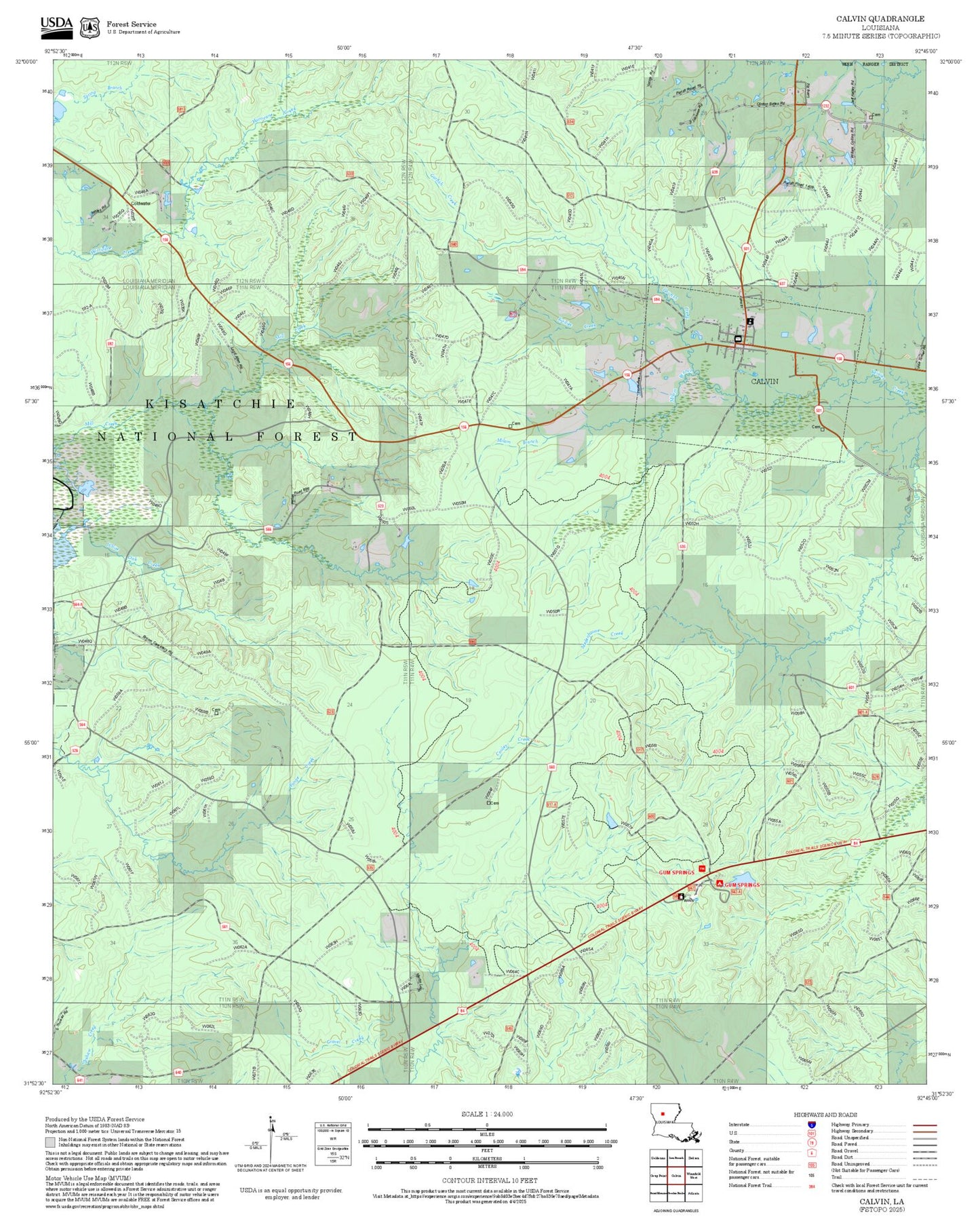 2025 Forest Service Topo Map of Calvin Louisiana