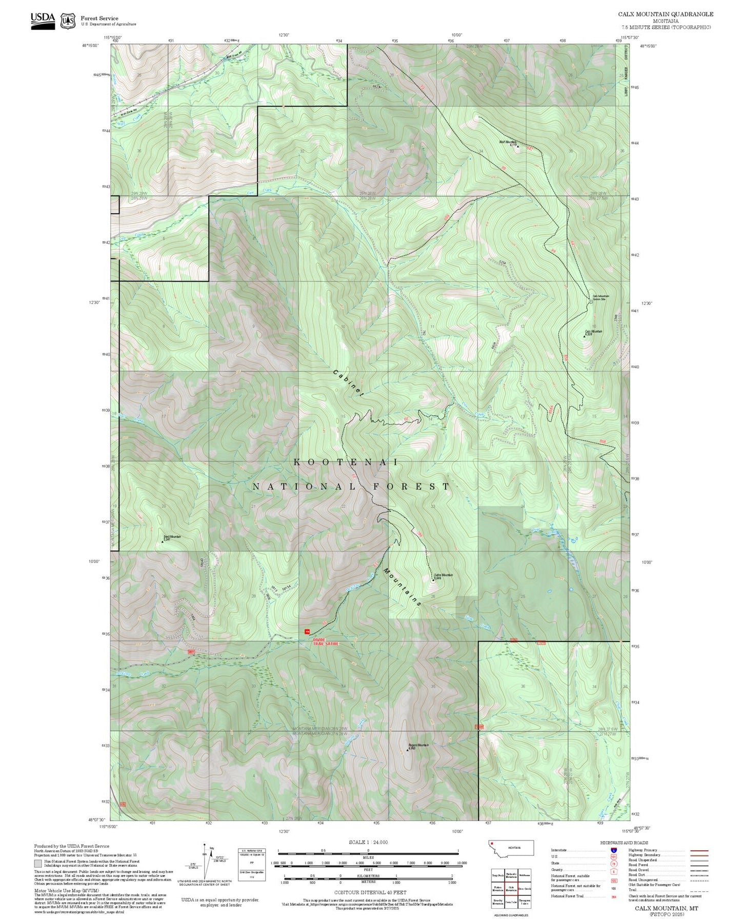 2025 Forest Service Topo Map of Calx Mountain Montana