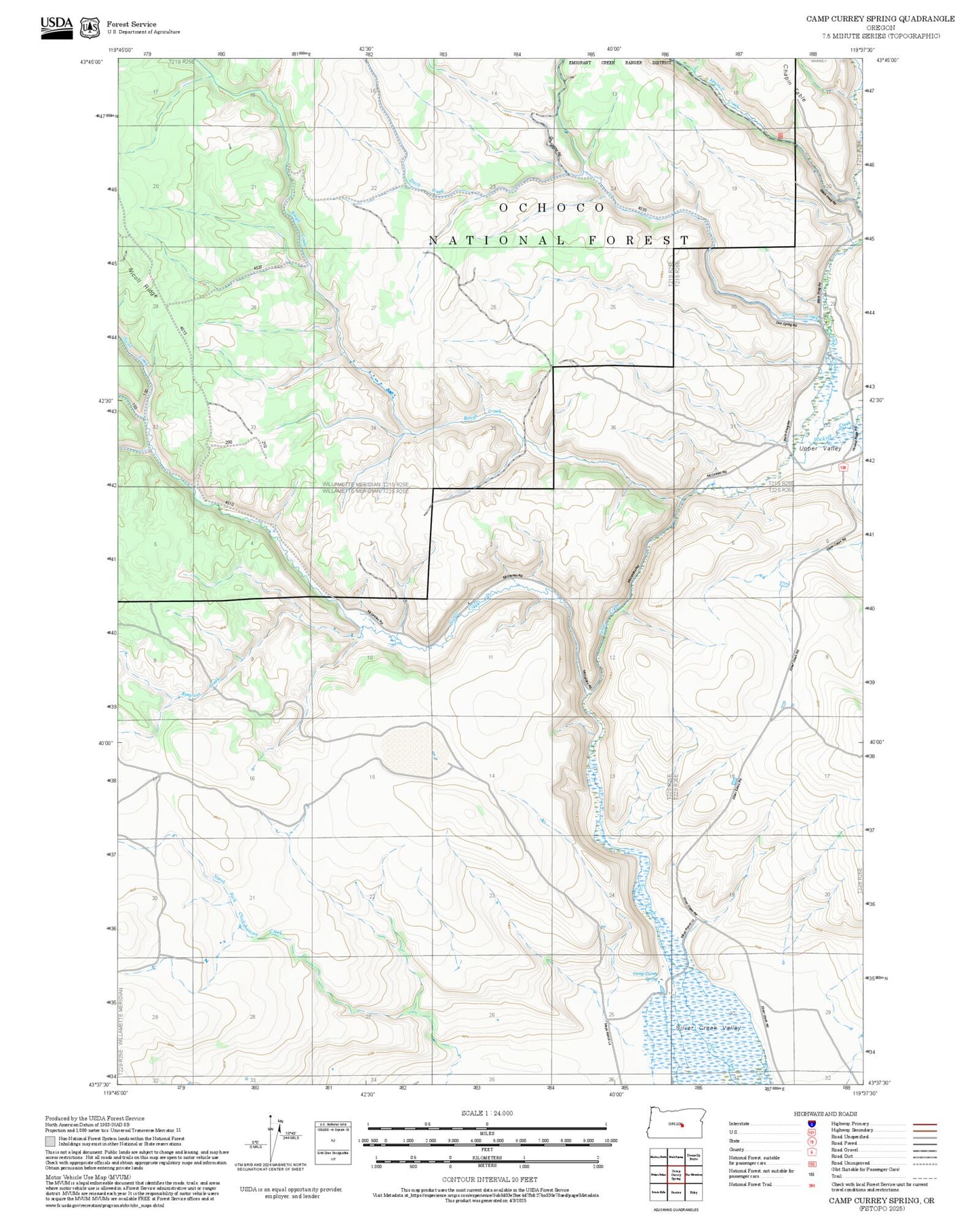 2025 Forest Service Topo Map of Camp Currey Spring Oregon
