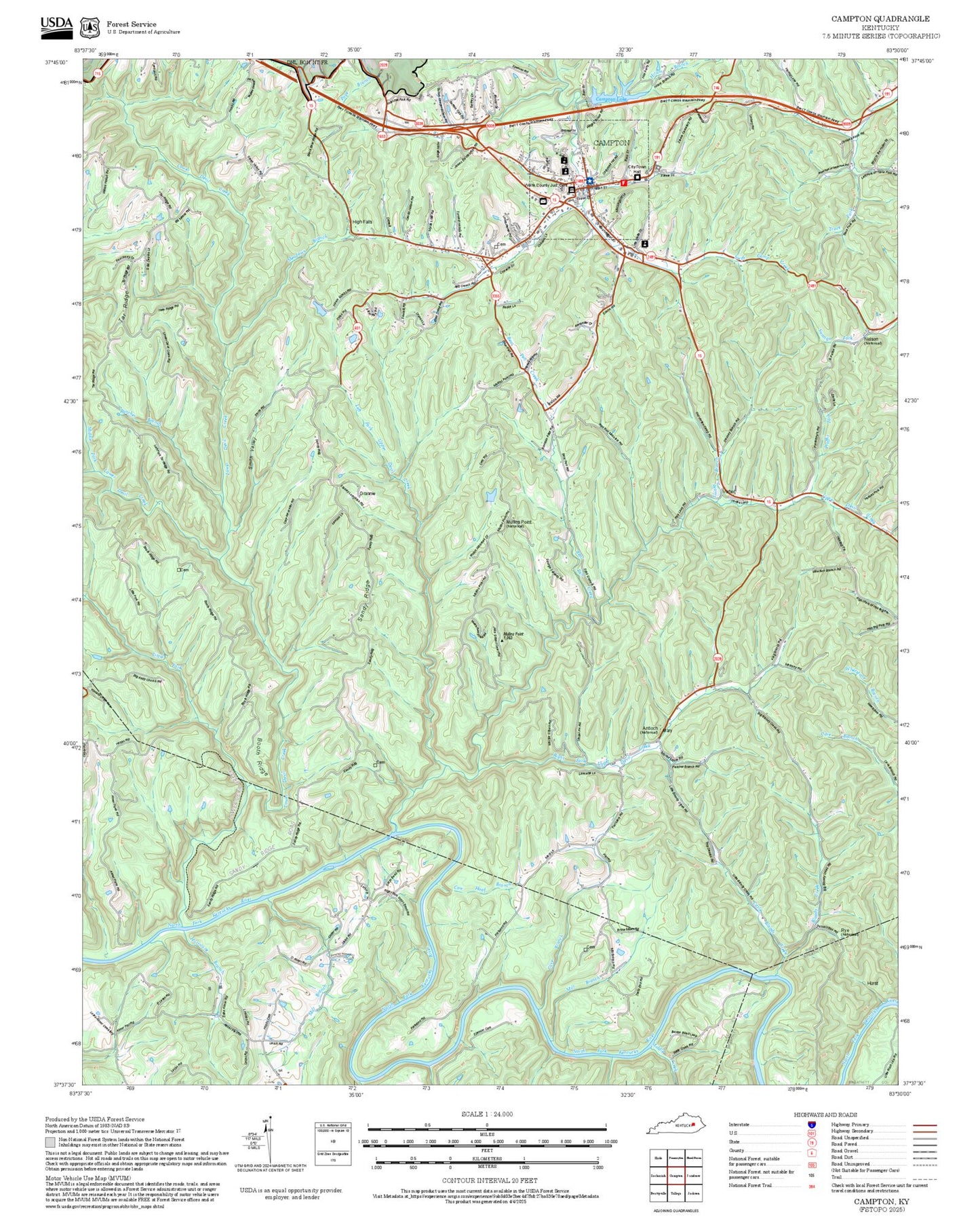 2025 Forest Service Topo Map of Campton Kentucky