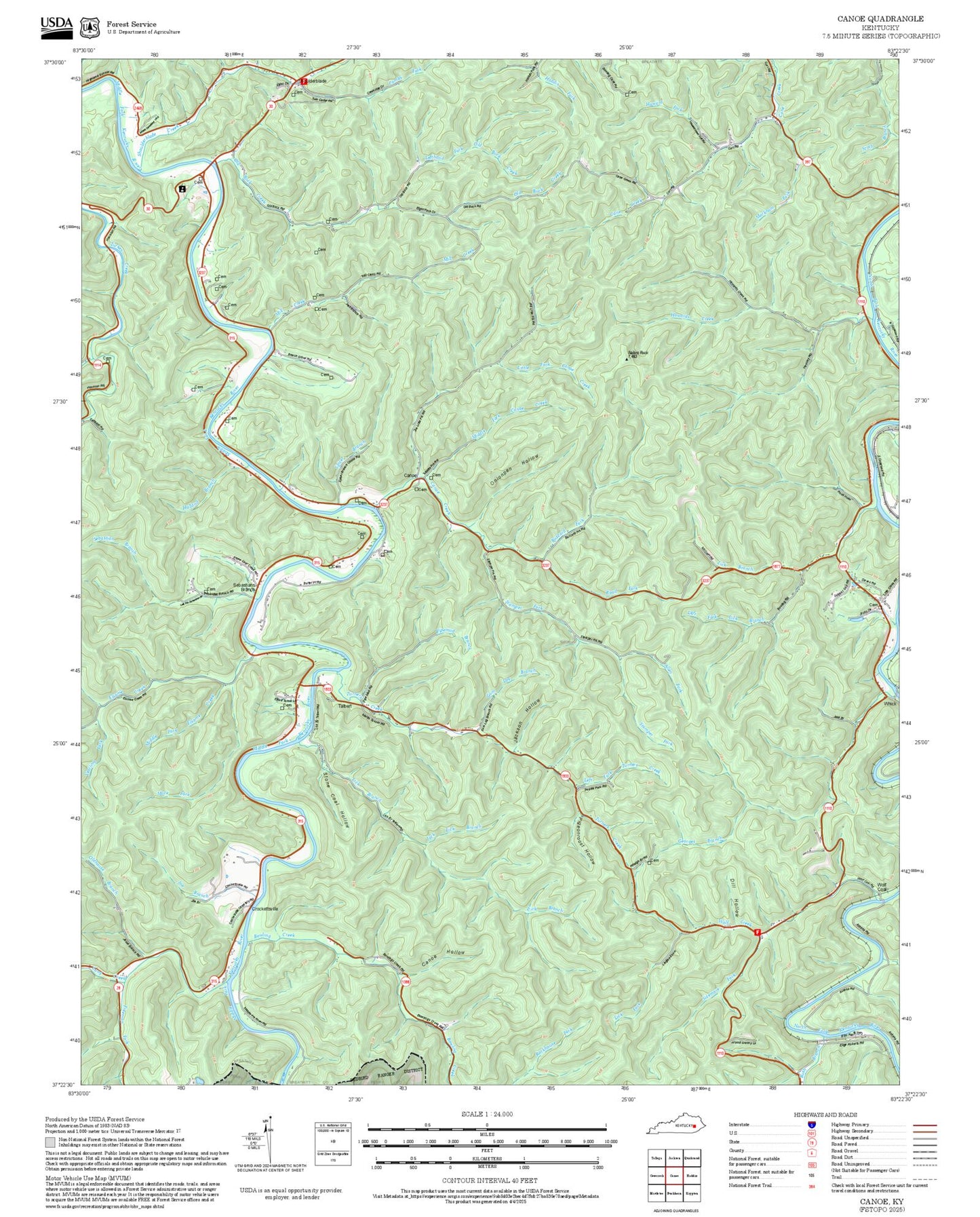 2025 Forest Service Topo Map of Canoe Kentucky