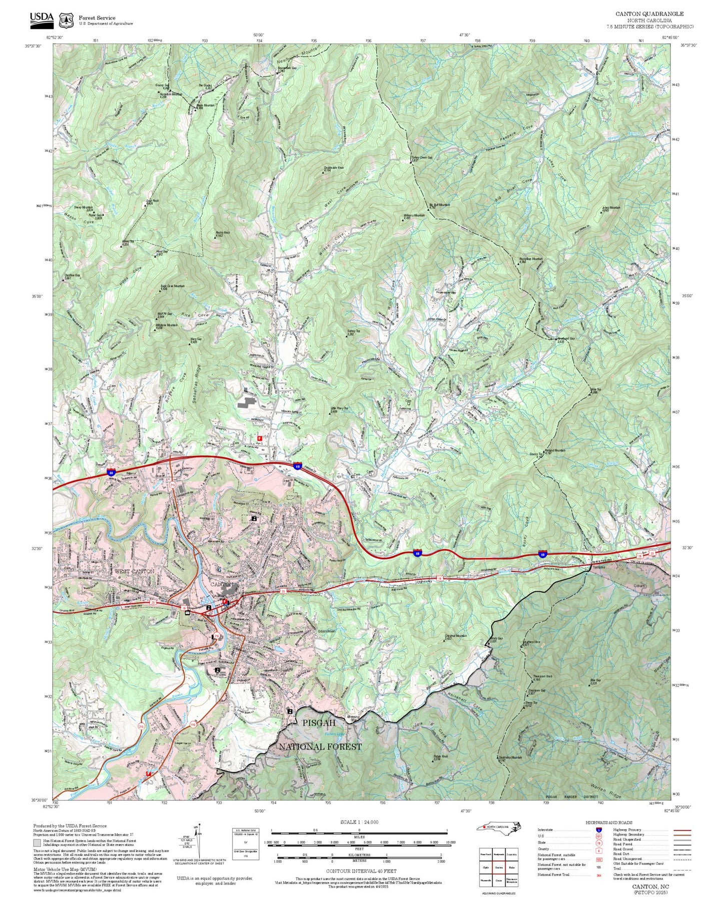 2025 Forest Service Topo Map of Canton North Carolina