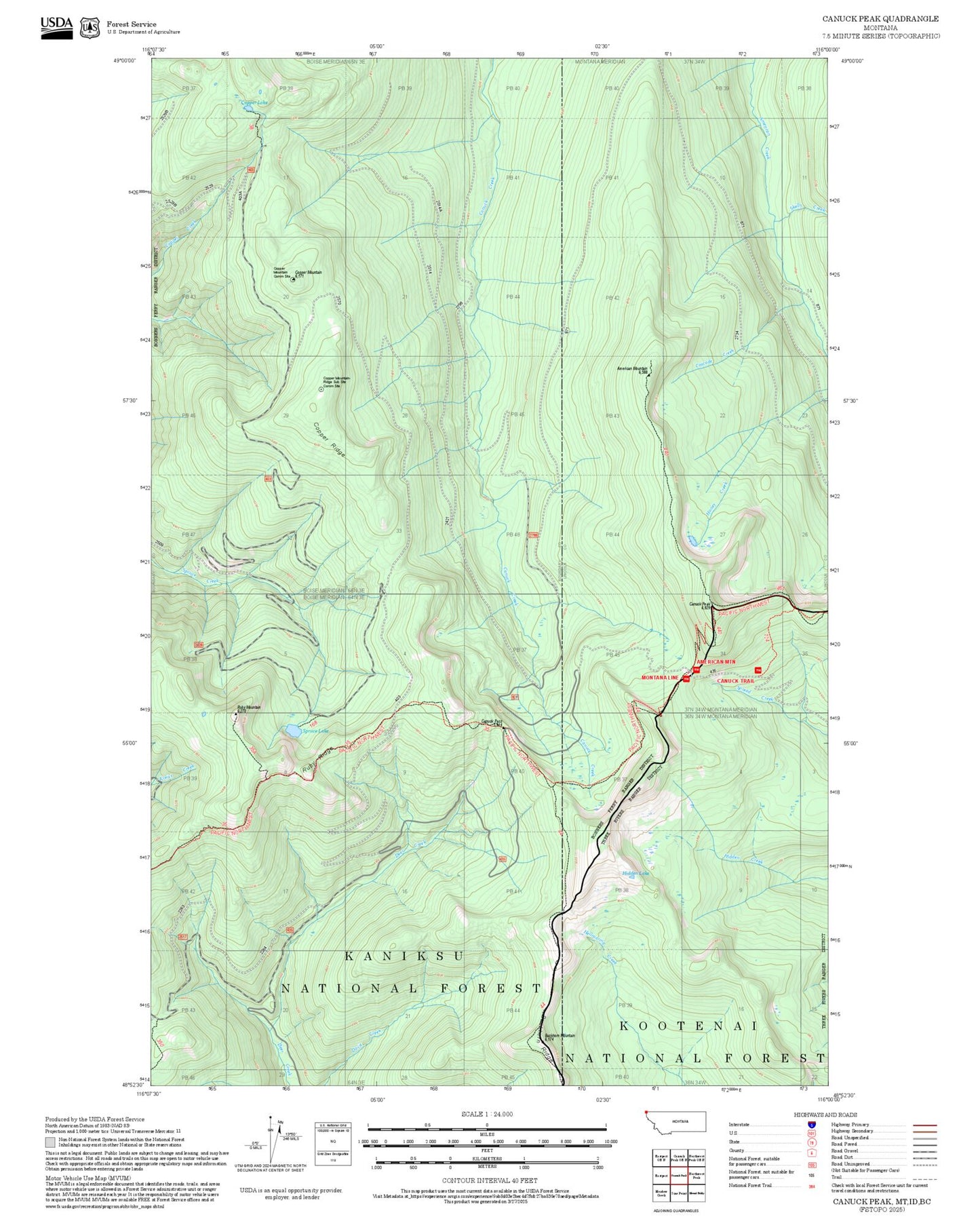2025 Forest Service Topo Map of Canuck Peak Montana