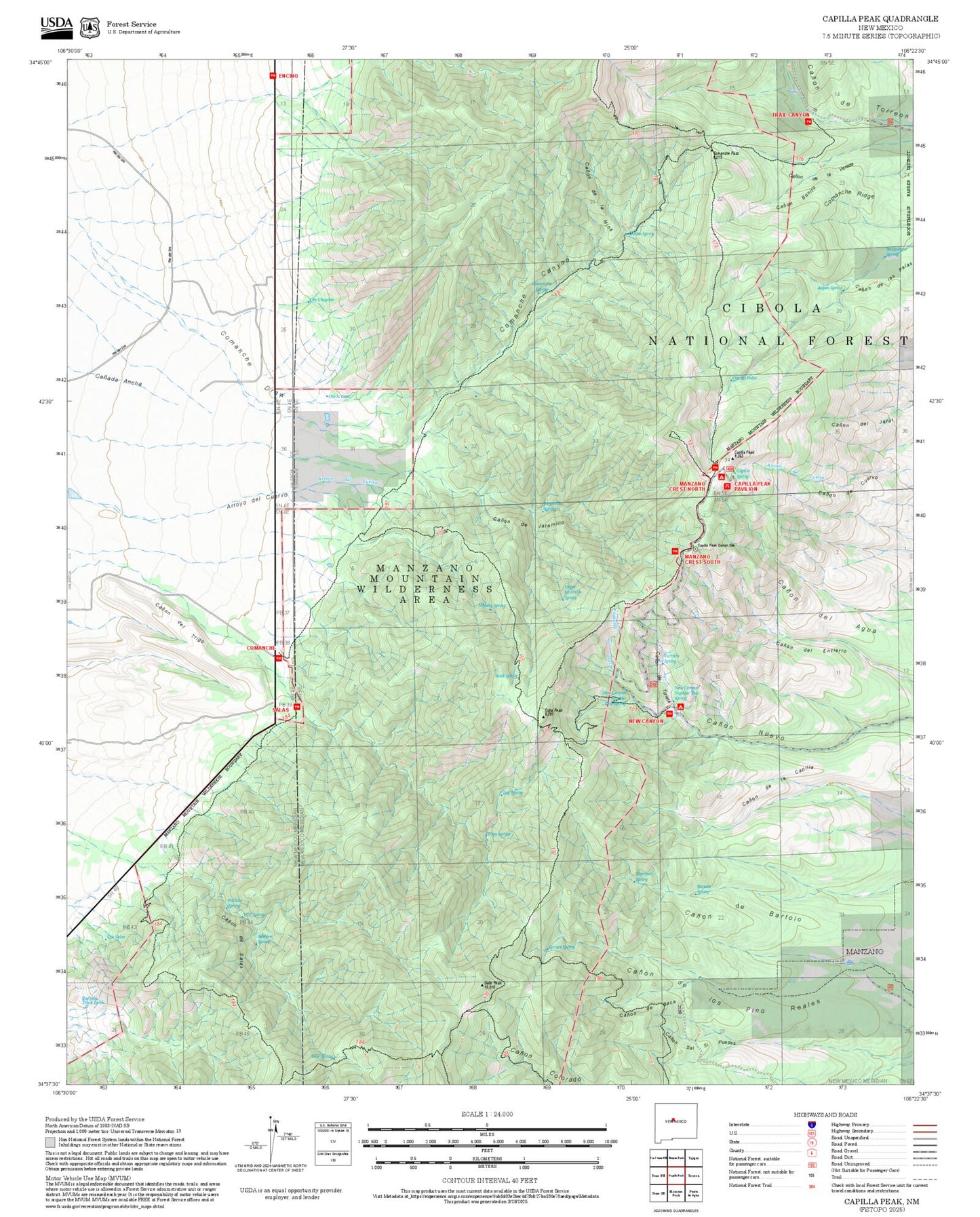 2025 Forest Service Topo Map of Capilla Peak New Mexico