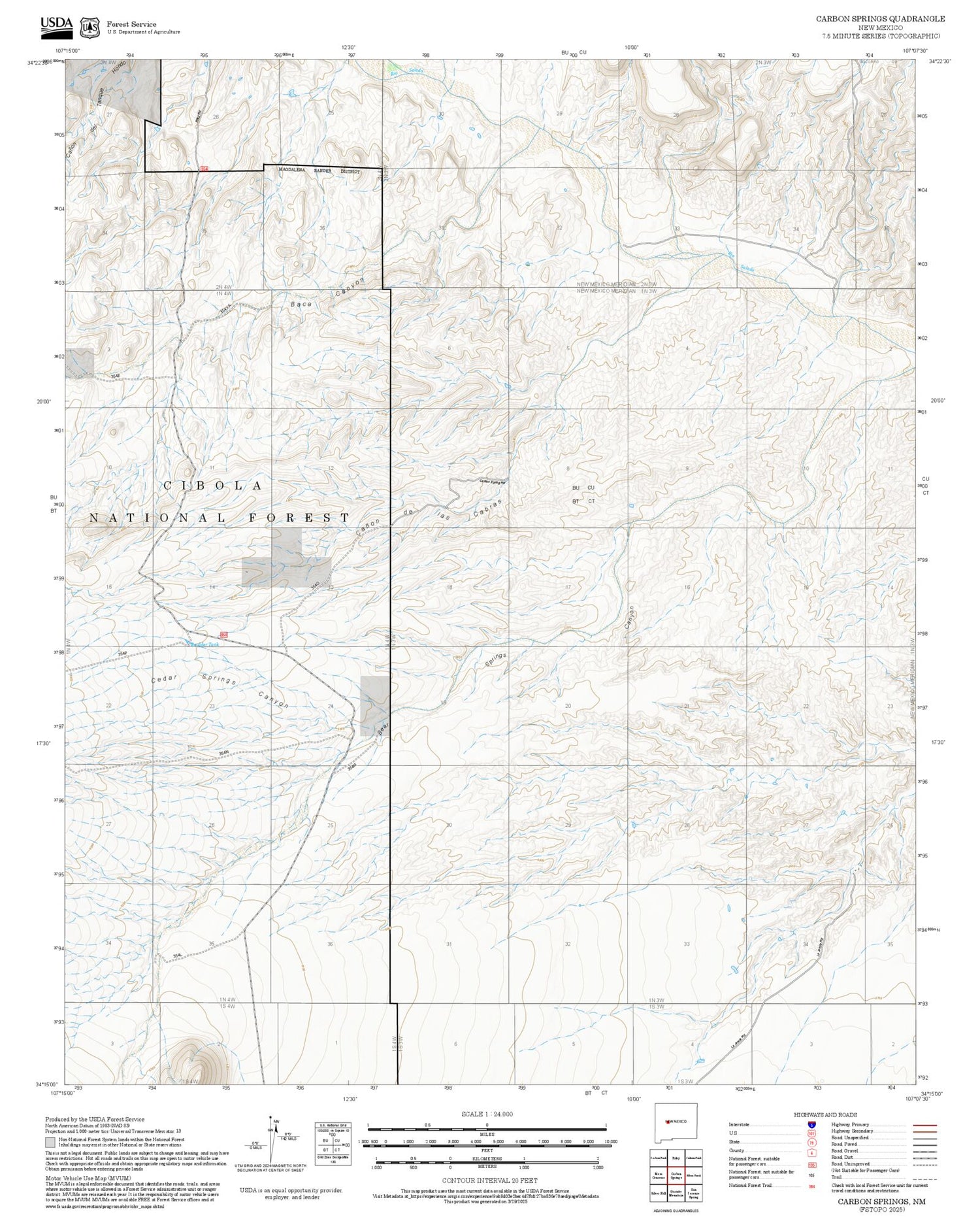 2025 Forest Service Topo Map of Carbon Springs New Mexico