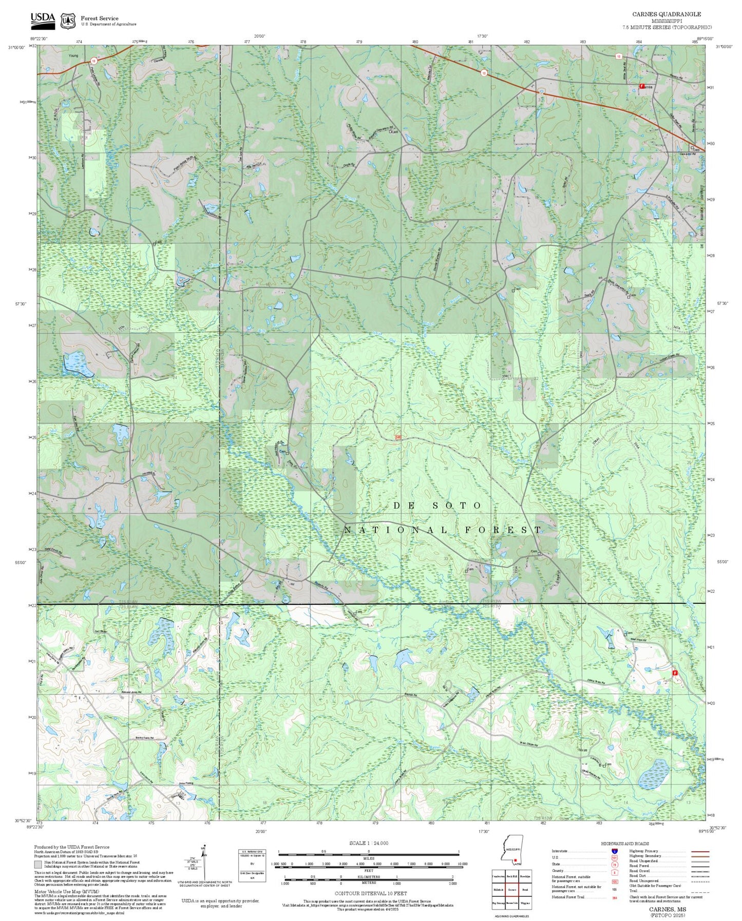 2025 Forest Service Topo Map of Carnes Mississippi