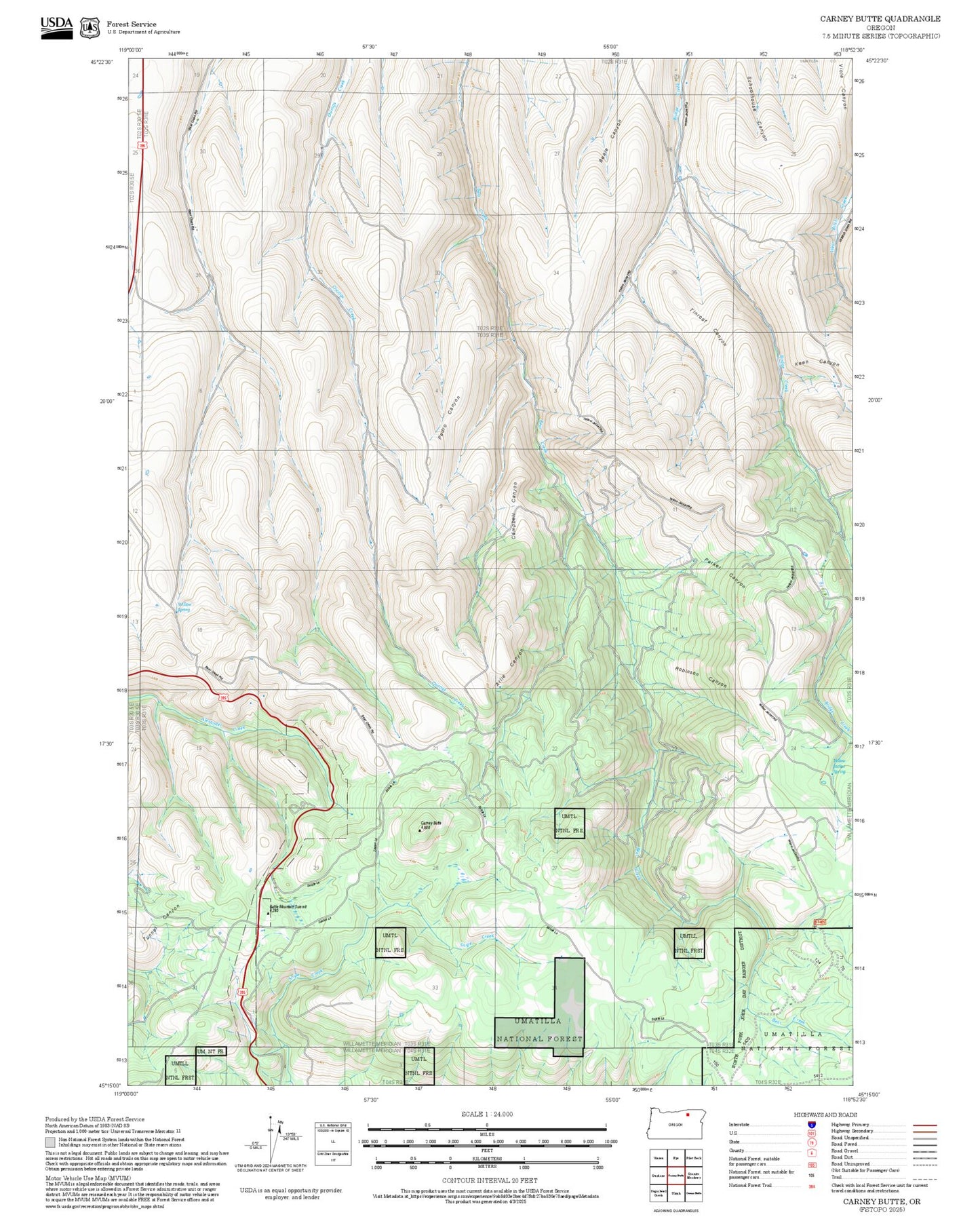 2025 Forest Service Topo Map of Carney Butte Oregon