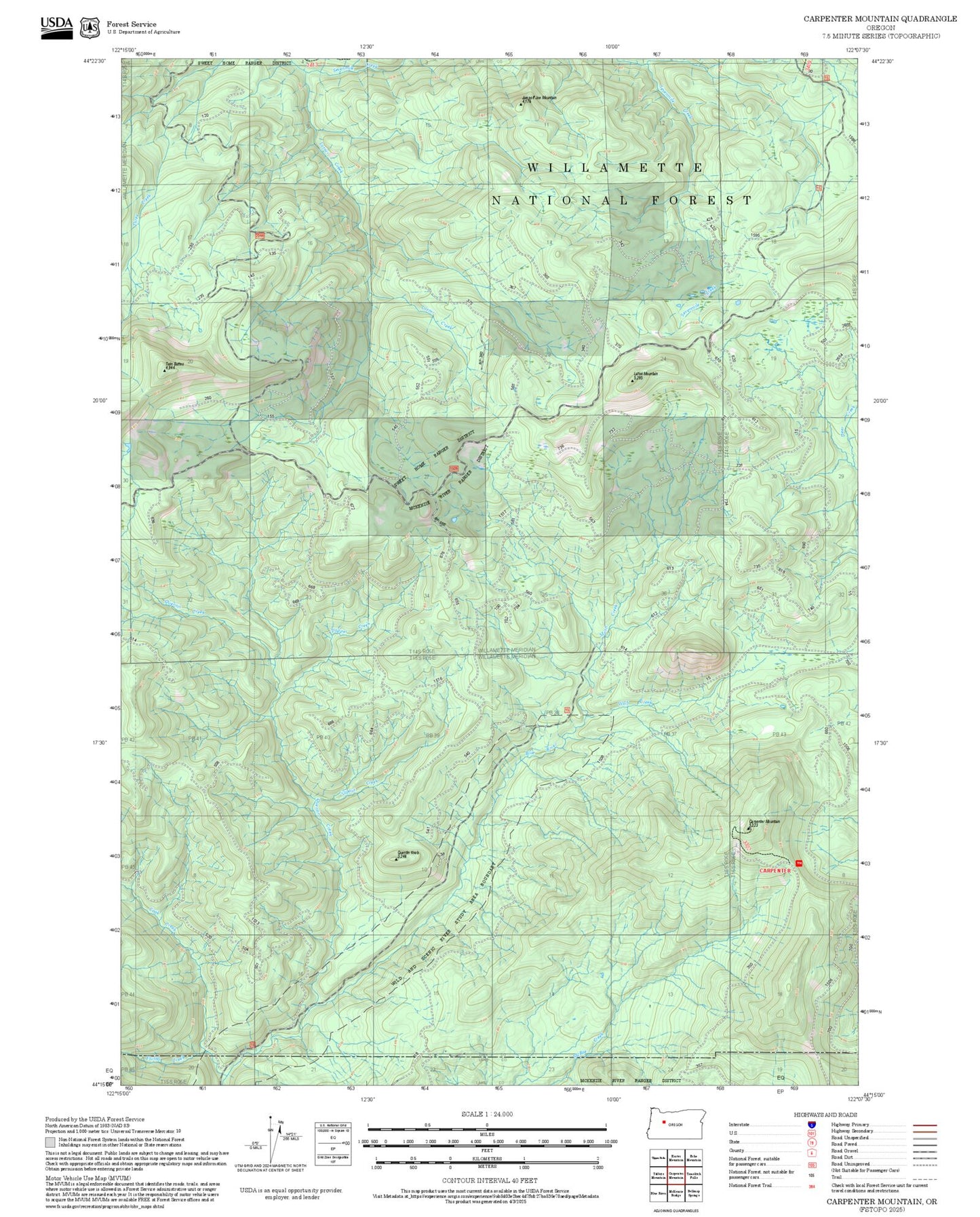 2025 Forest Service Topo Map of Carpenter Mountain Oregon