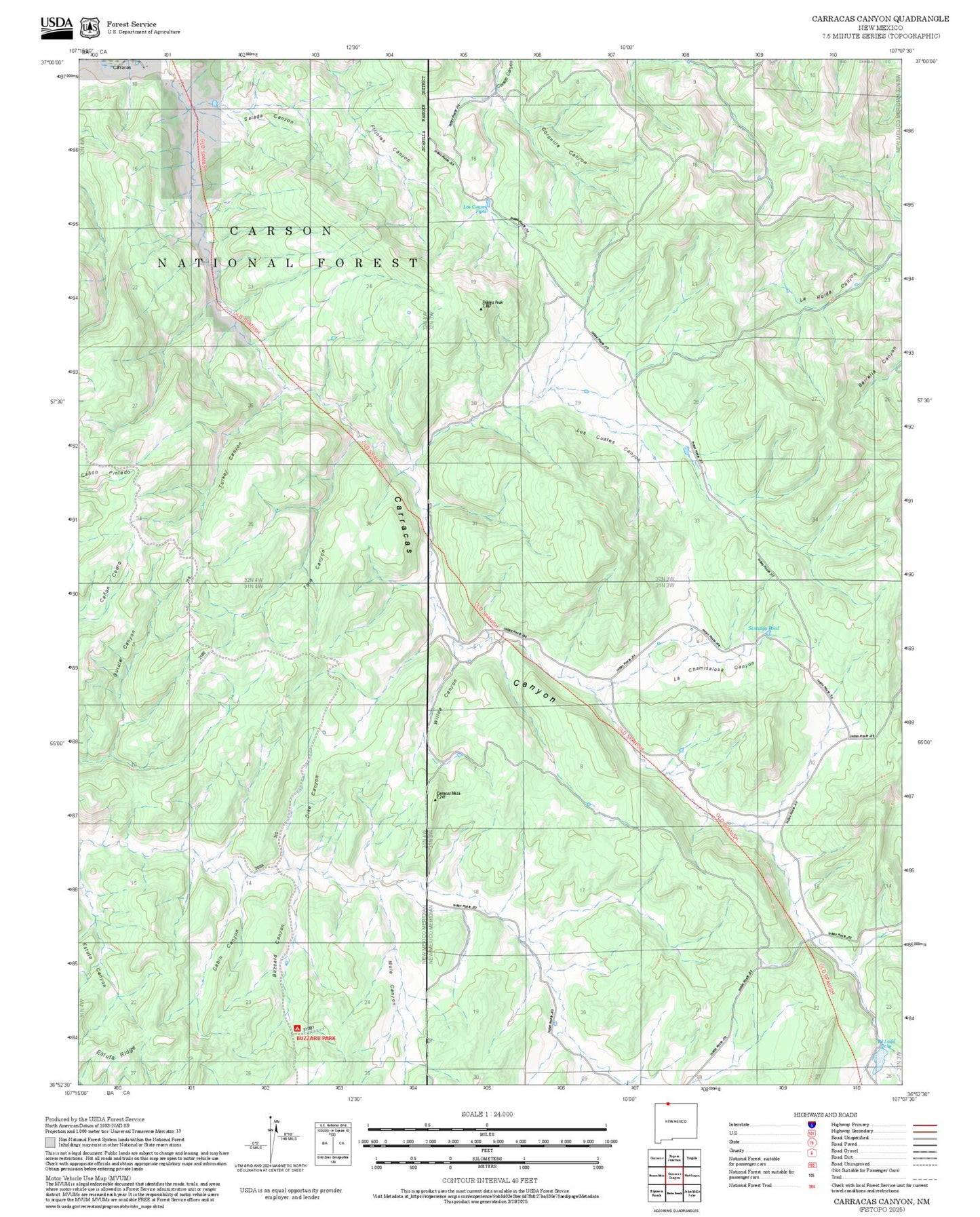 2025 Forest Service Topo Map of Carracas Canyon New Mexico