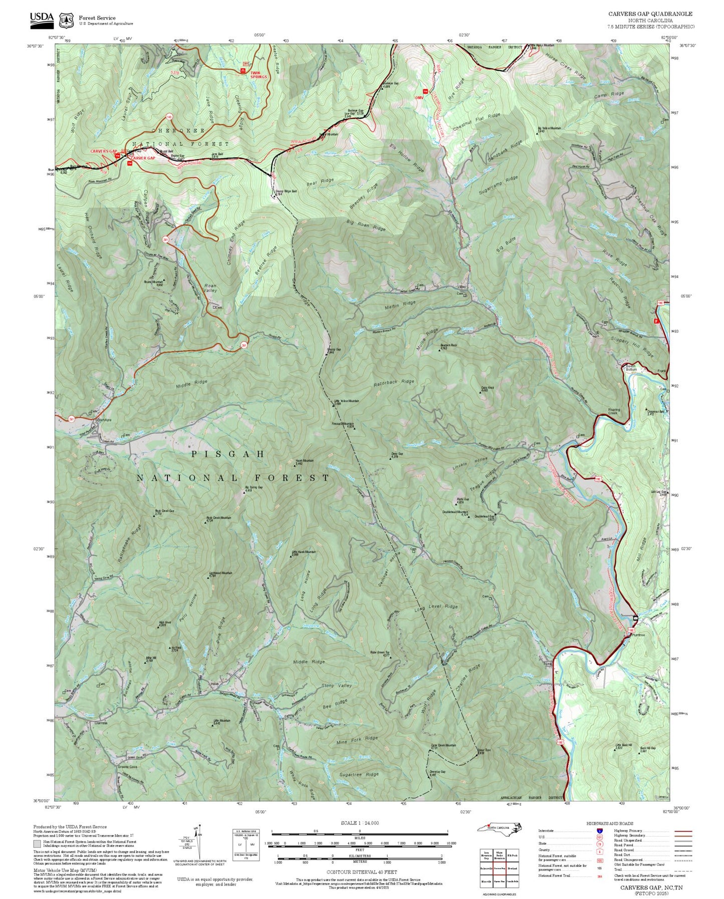 2025 Forest Service Topo Map of Carvers Gap North Carolina