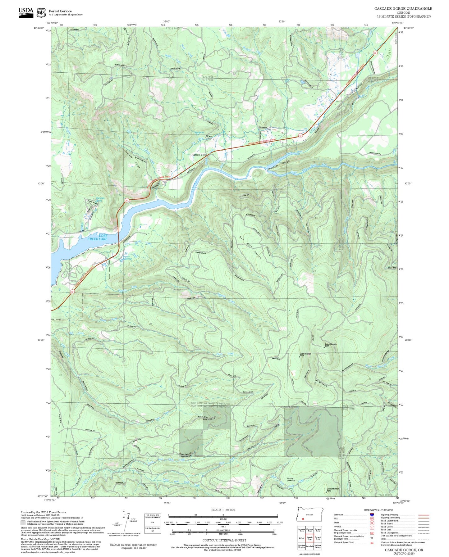 2025 Forest Service Topo Map of Cascade Gorge Oregon