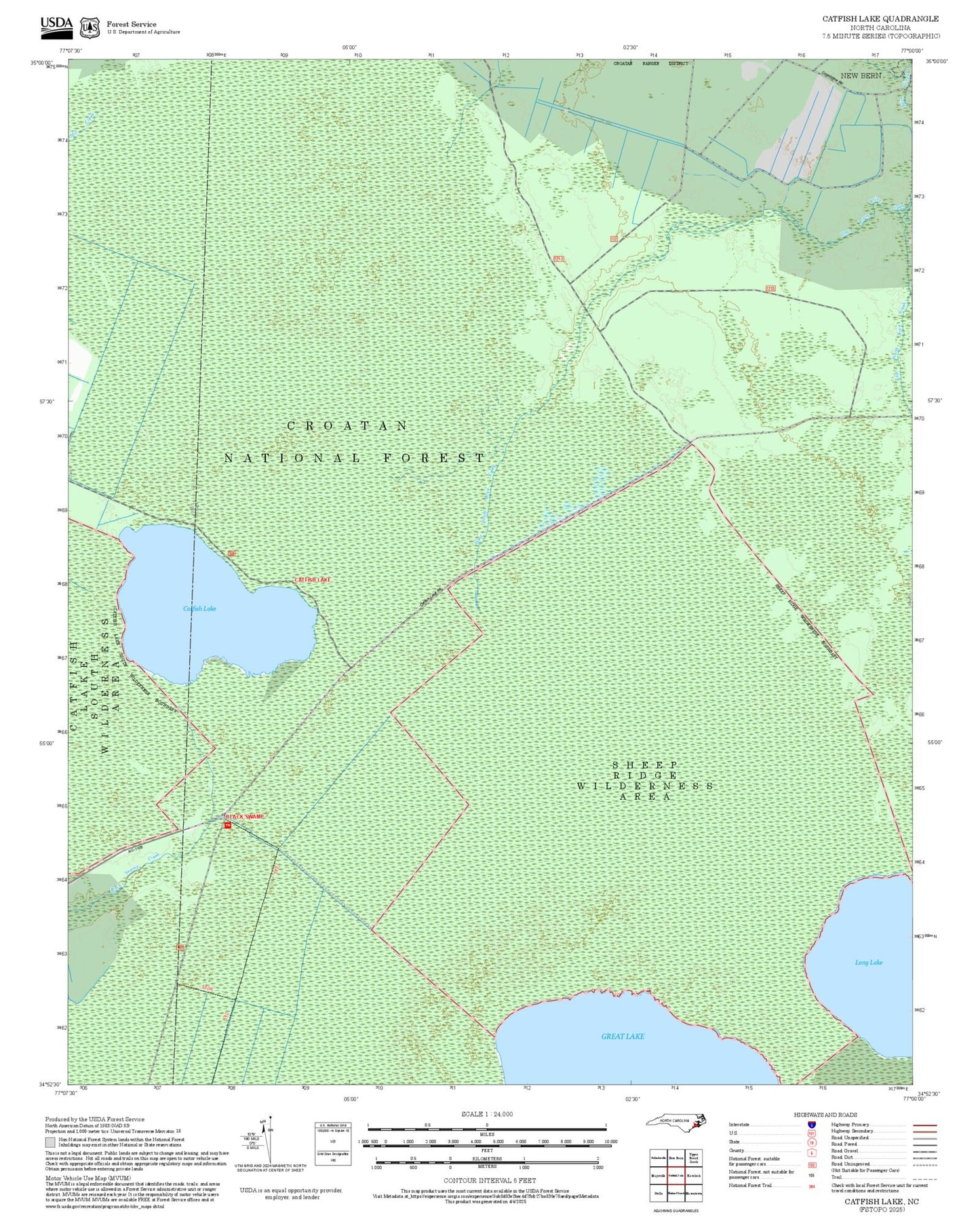 2025 Forest Service Topo Map of Catfish Lake North Carolina