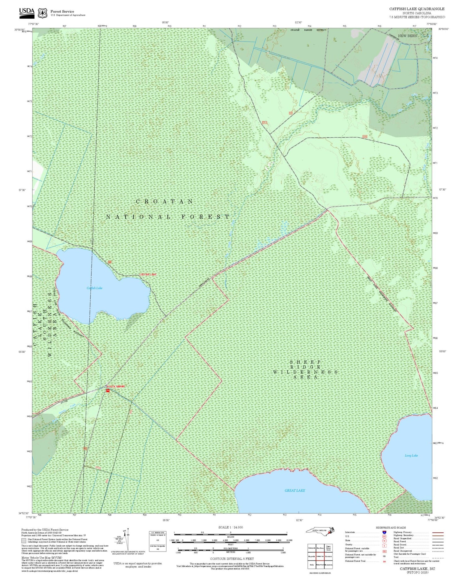 2025 Forest Service Topo Map of Catfish Lake North Carolina
