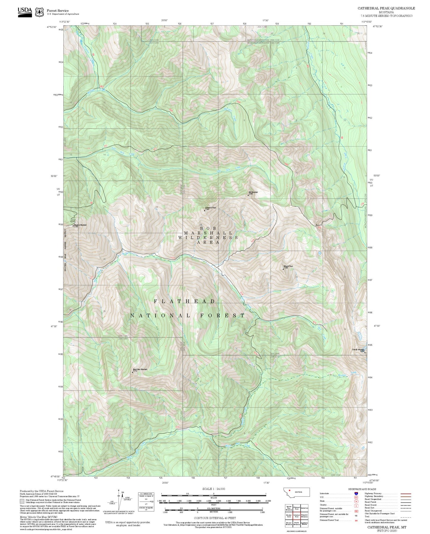 2025 Forest Service Topo Map of Cathedral Peak Montana