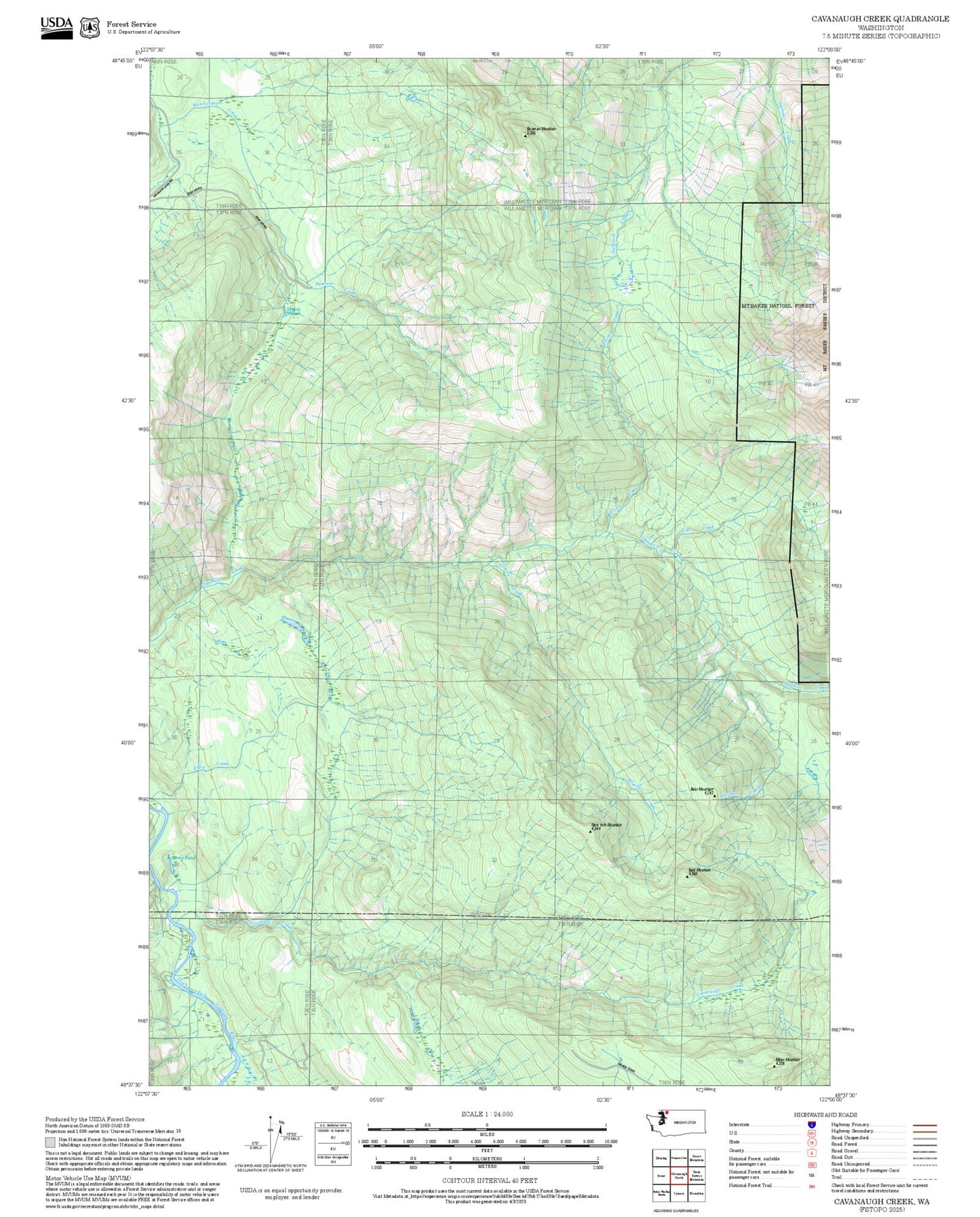 2025 Forest Service Topo Map of Cavanaugh Creek Washington