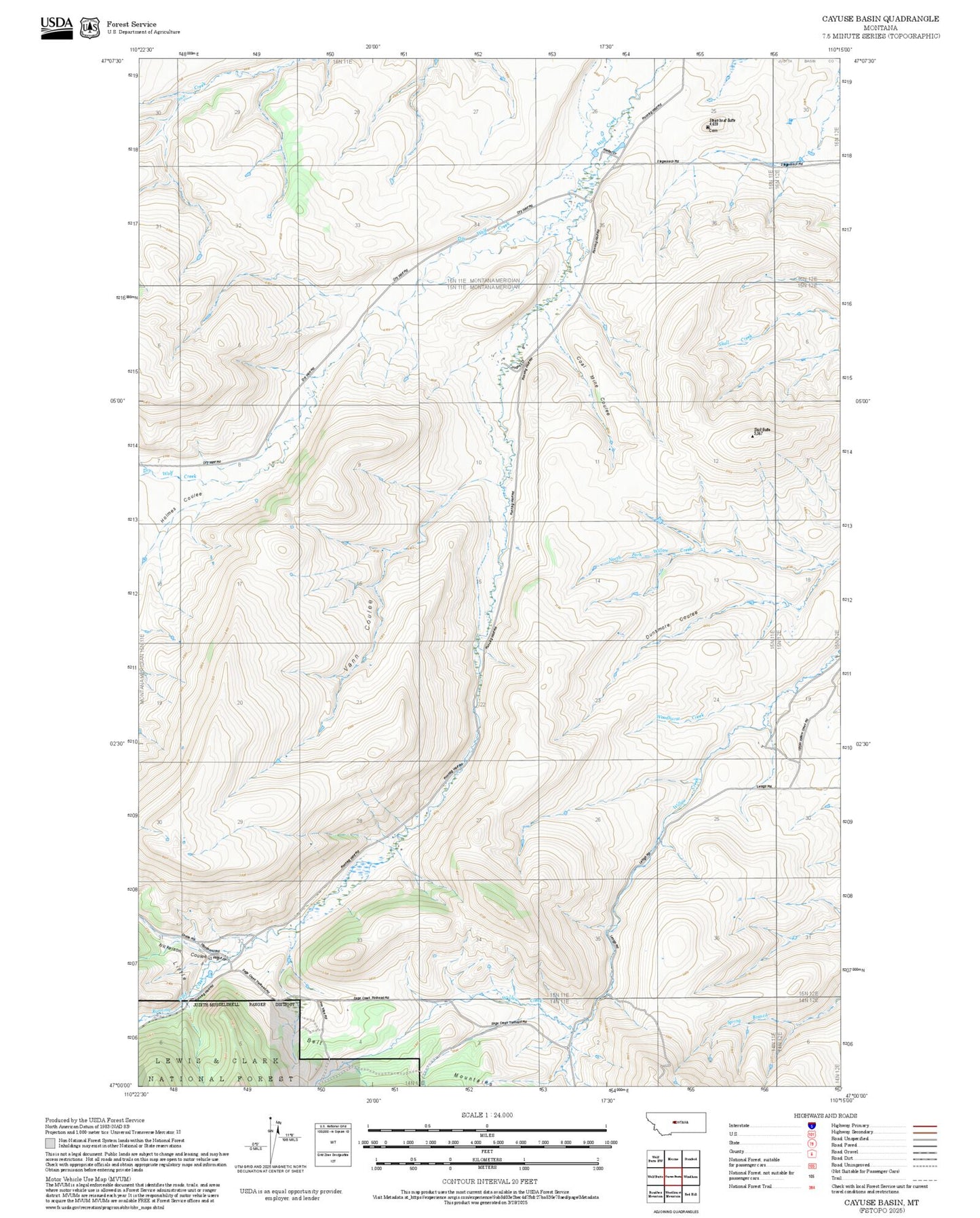 2025 Forest Service Topo Map of Cayuse Basin Montana