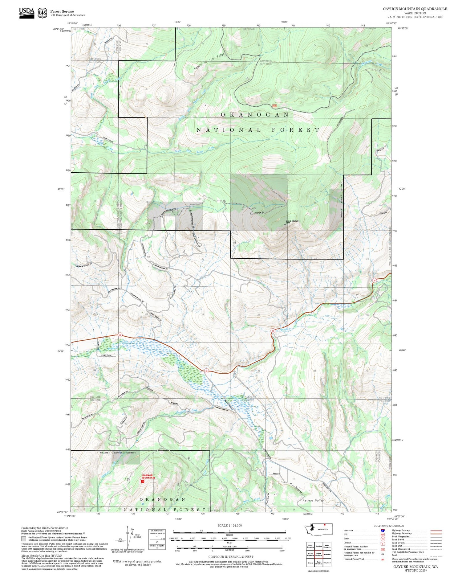 2025 Forest Service Topo Map of Cayuse Mountain Washington