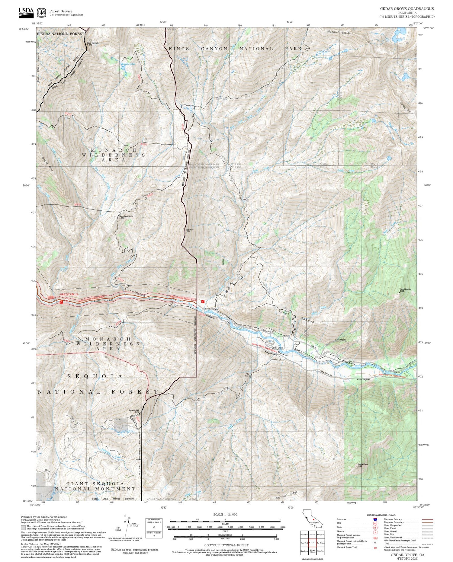 2025 Forest Service Topo Map of Cedar Grove California