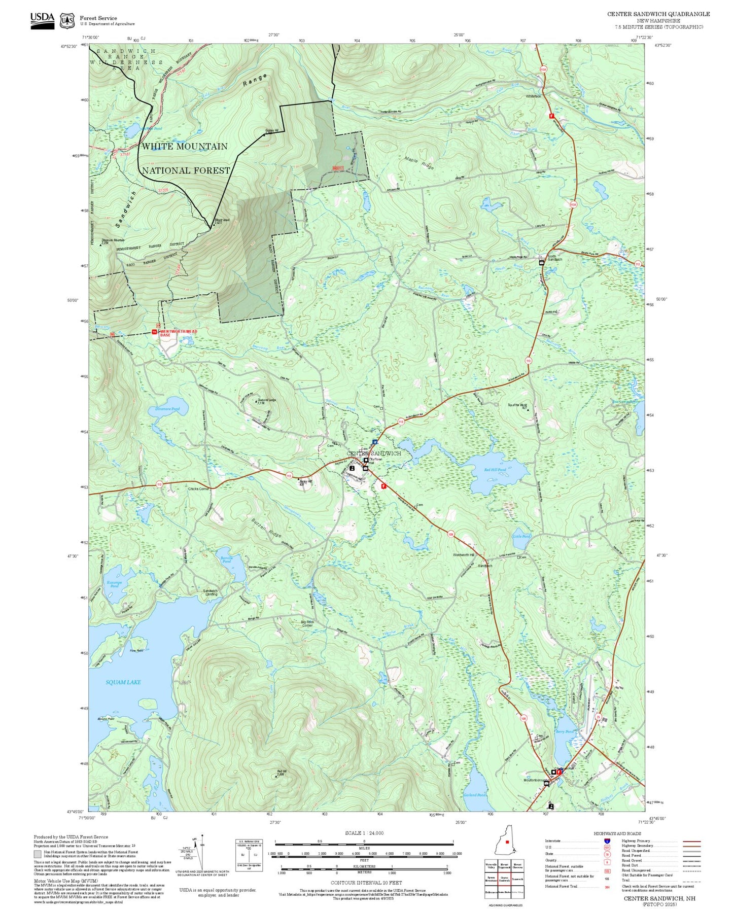 2025 Forest Service Topo Map of Center Sandwich New Hampshire