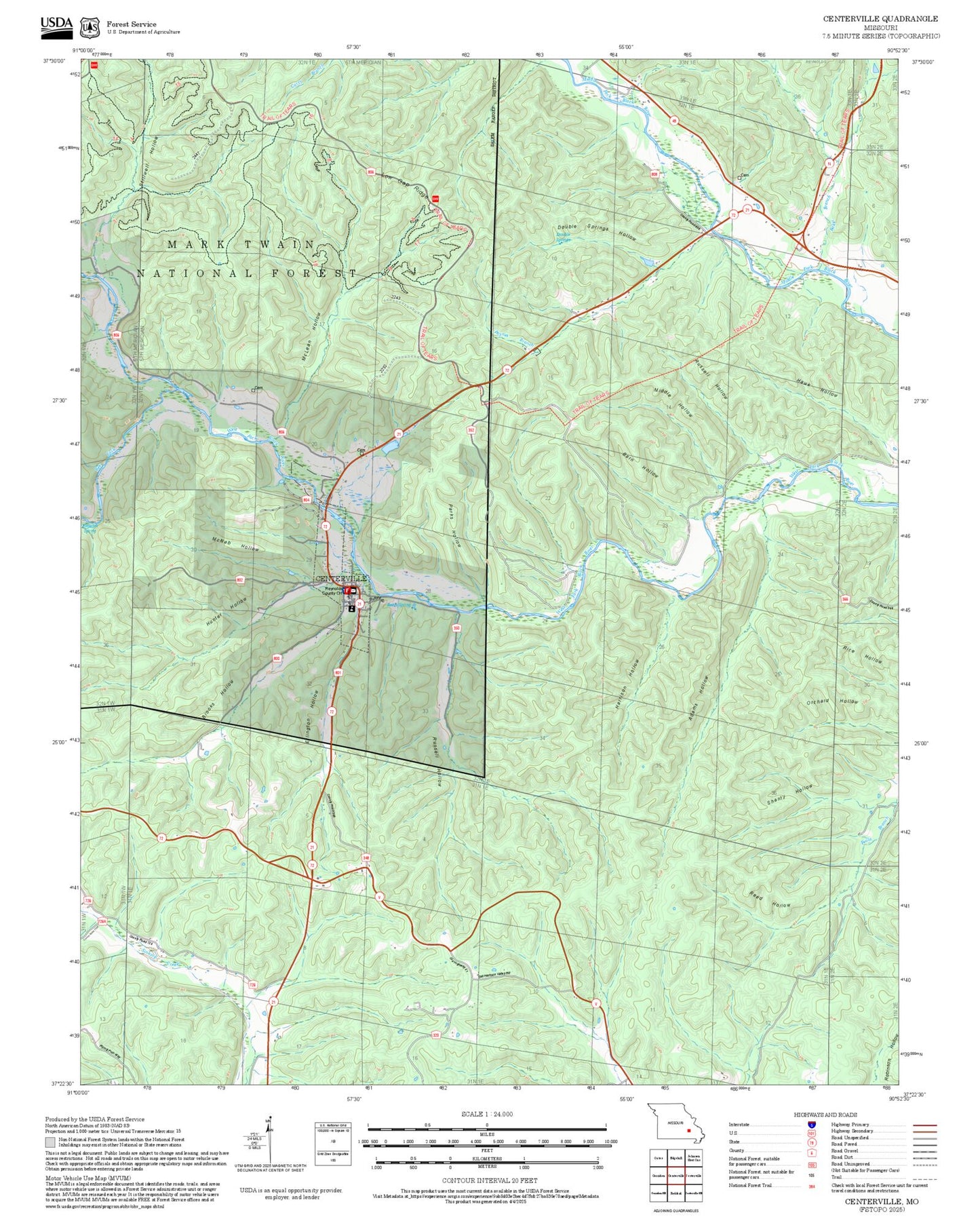 2025 Forest Service Topo Map of Centerville Missouri