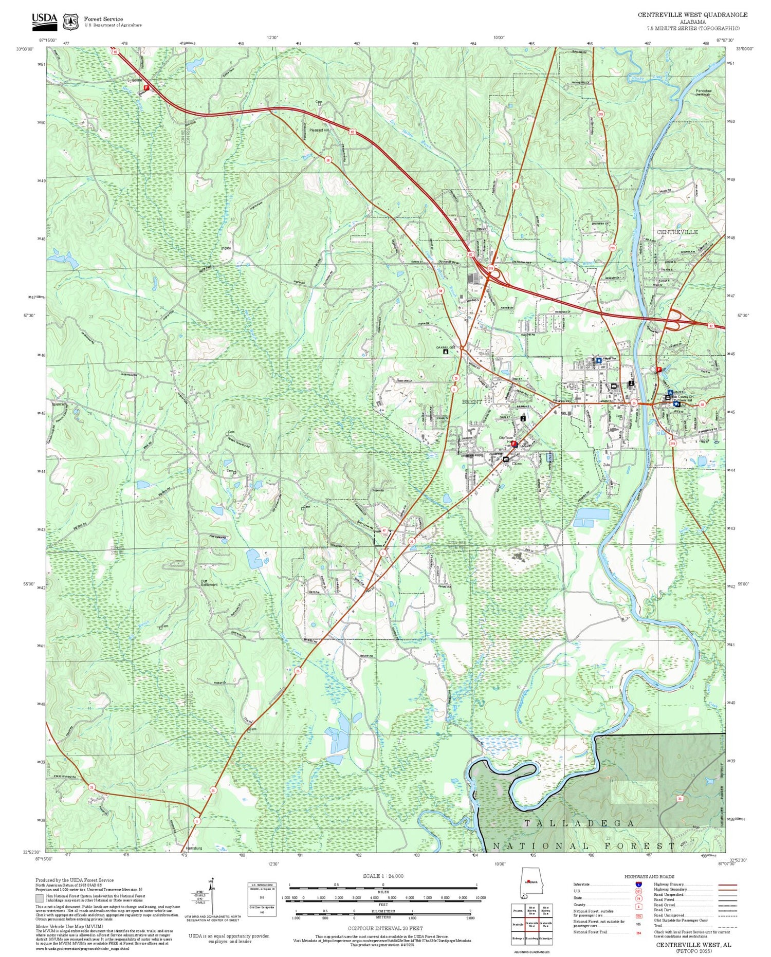 2025 Forest Service Topo Map of Centreville West Alabama